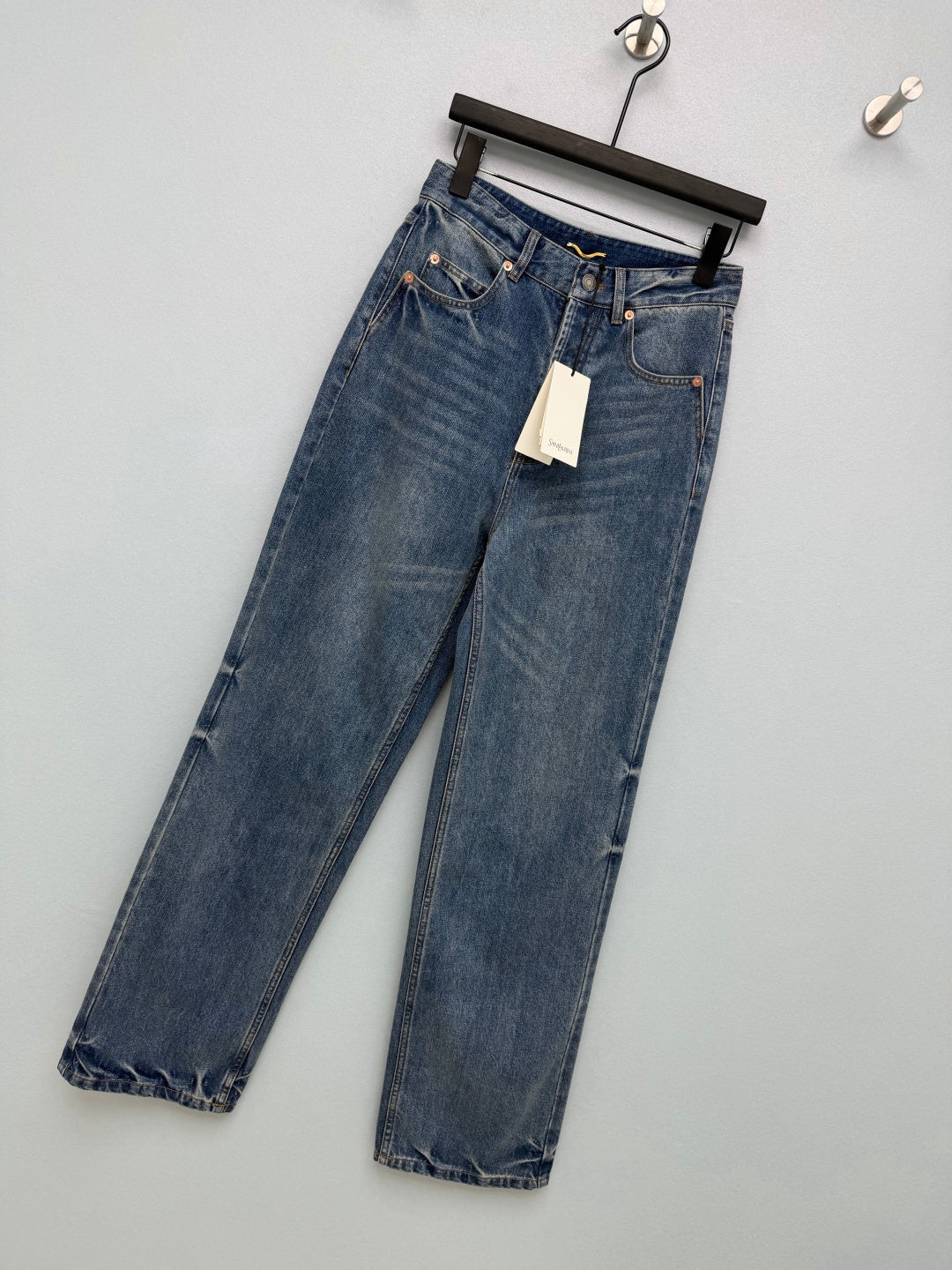 YSL Washed Wide-Leg Straight Jeans 411652