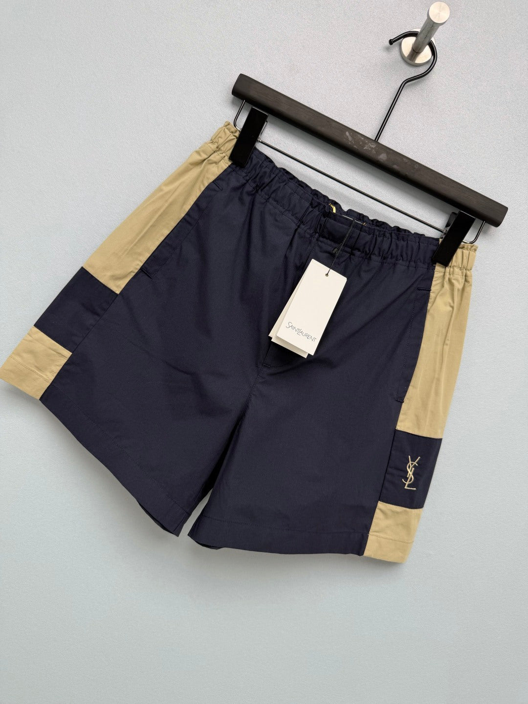 YSL Color-Blocked Elastic Waist Casual Shorts Navy Blue Beige Linen 411617