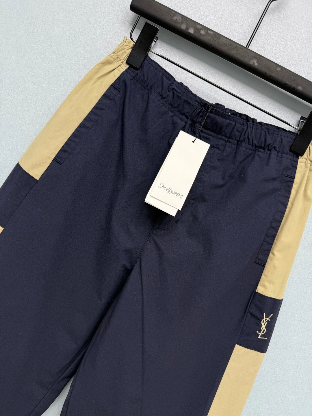 YSL Color-Blocked Elastic Waist Casual Long Pants Navy Blue Beige Linen 411613