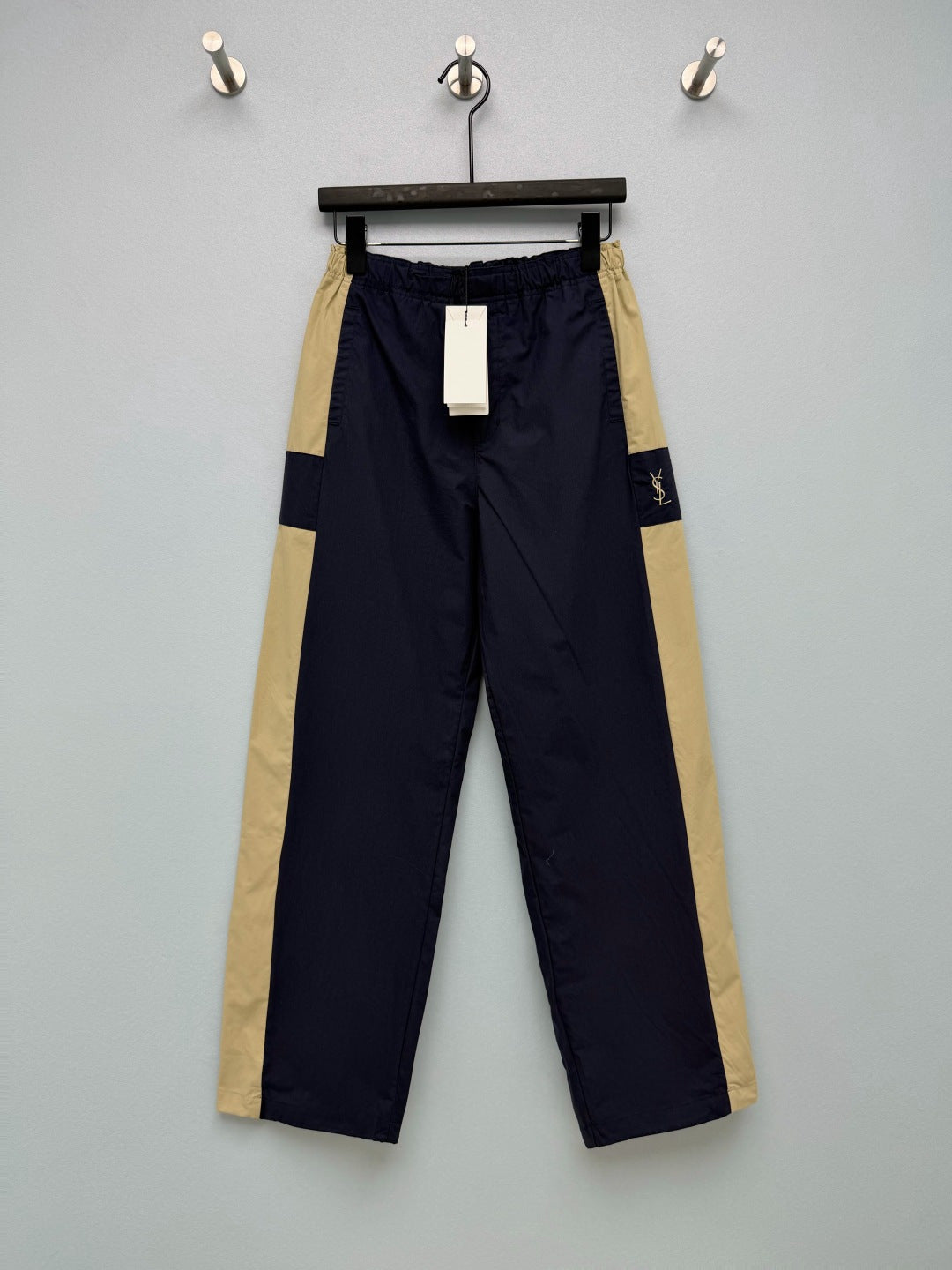 YSL Color-Blocked Elastic Waist Casual Long Pants Navy Blue Beige Linen 411613