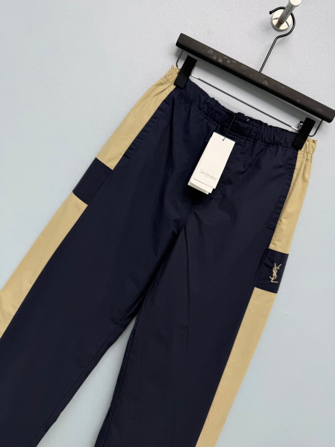 YSL Color-Blocked Elastic Waist Casual Long Pants Navy Blue Beige Linen 411613