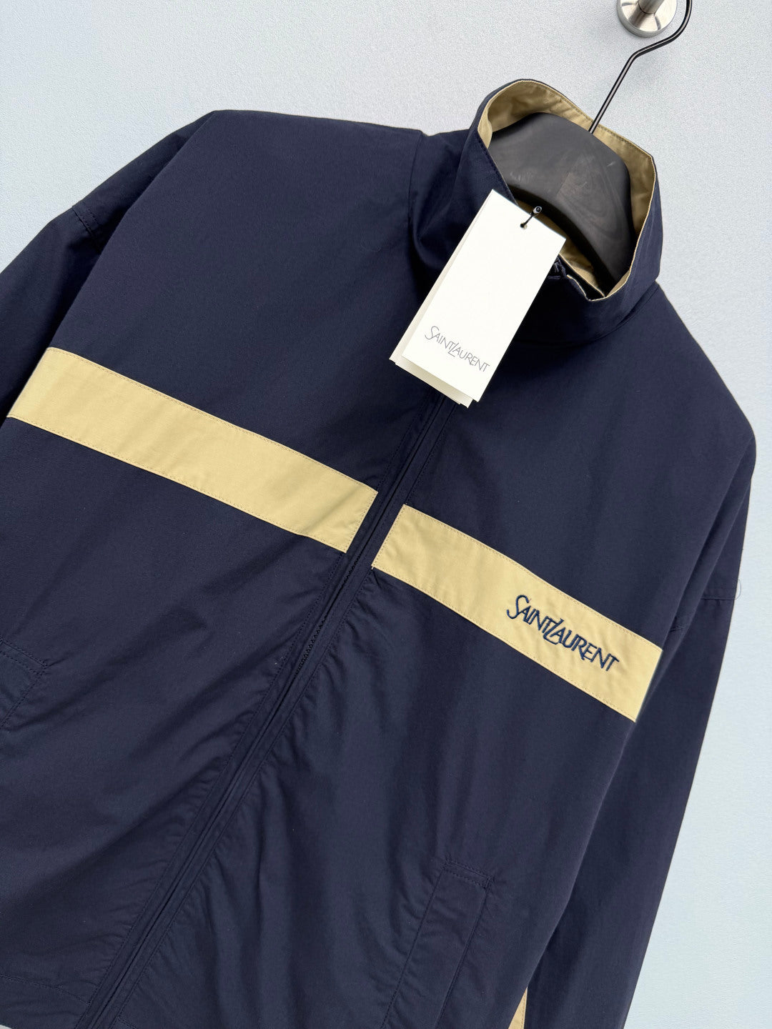 YSL Color-Blocked Stand Collar Sports Jacket Navy Blue Beige Linen 411608