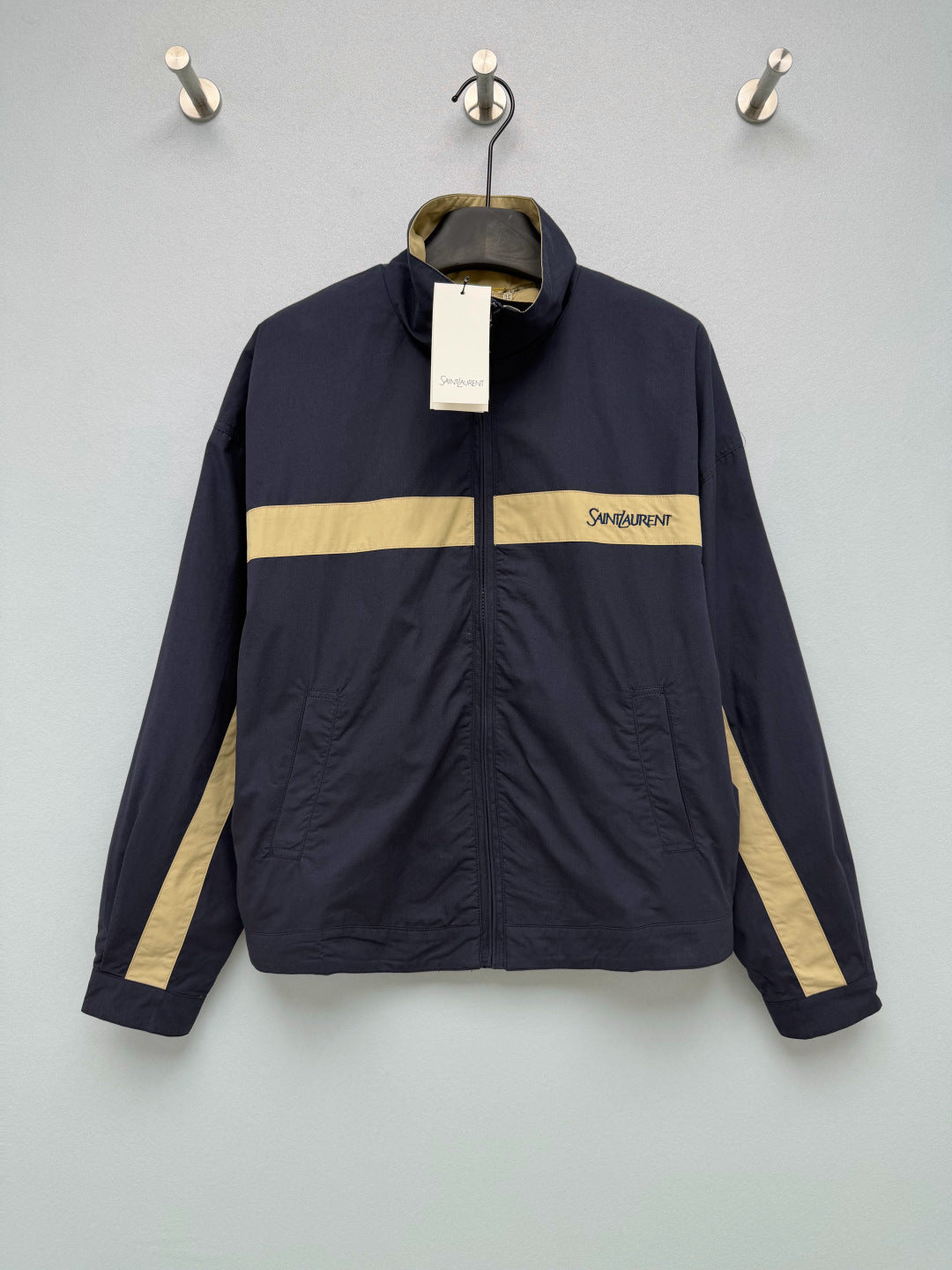 YSL Color-Blocked Stand Collar Sports Jacket Navy Blue Beige Linen 411608