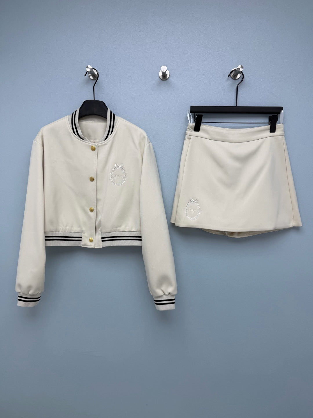 Dior 26s Striped Trim Bomber Skirt Suit Off-White Polyester 444965