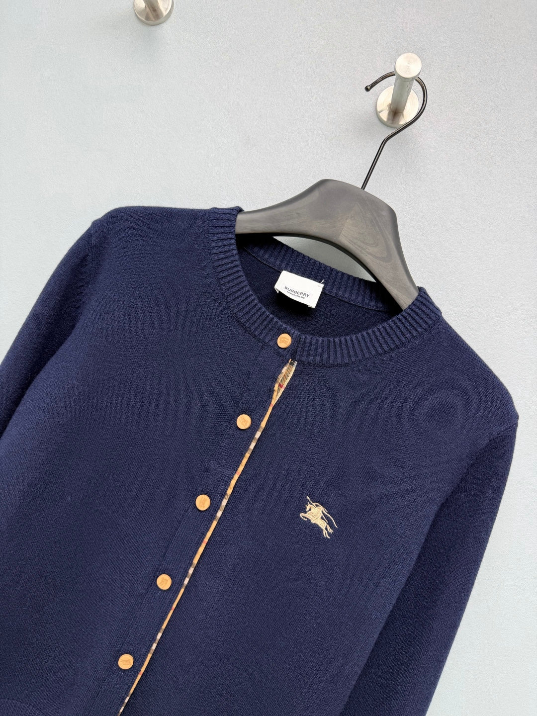 Burberry 26s Cardigan Sweater Navy Blue Stripe Placket Knit 436075