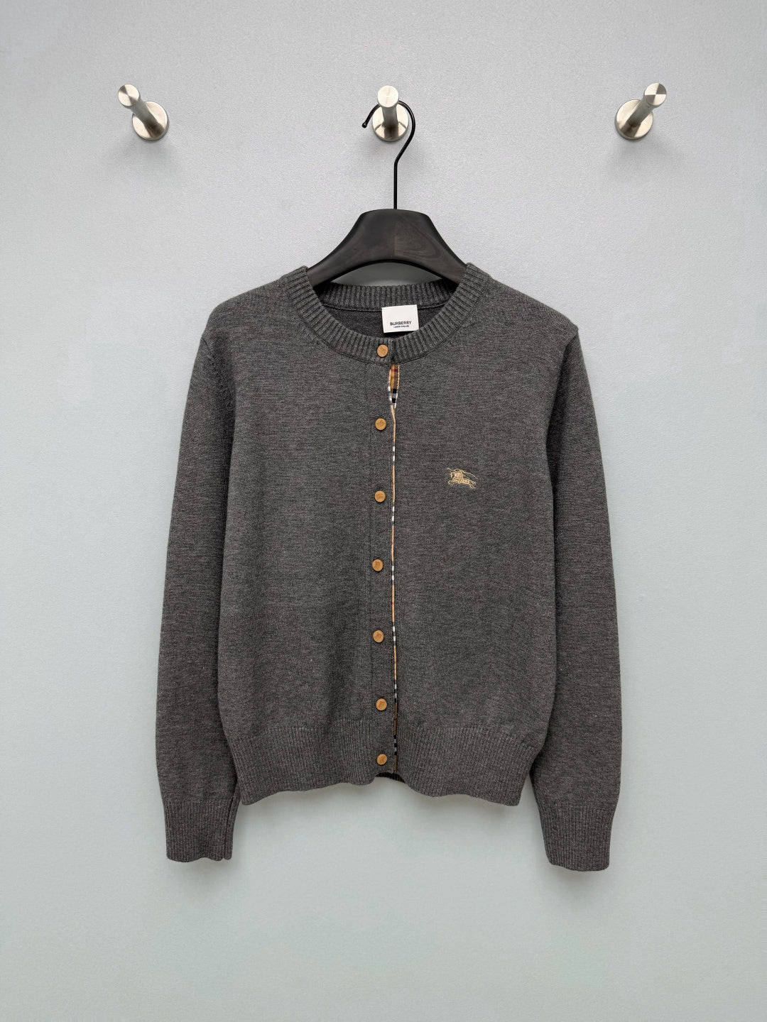 Burberry 26s Cardigan Sweater Dark Grey Stripe Placket Knit 436076