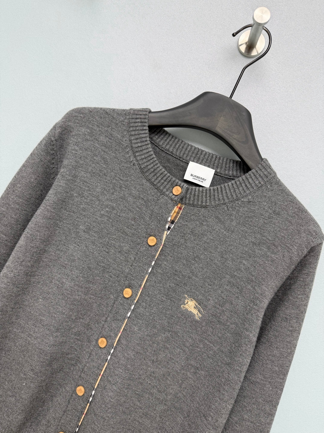 Burberry 26s Cardigan Sweater Dark Grey Stripe Placket Knit 436076