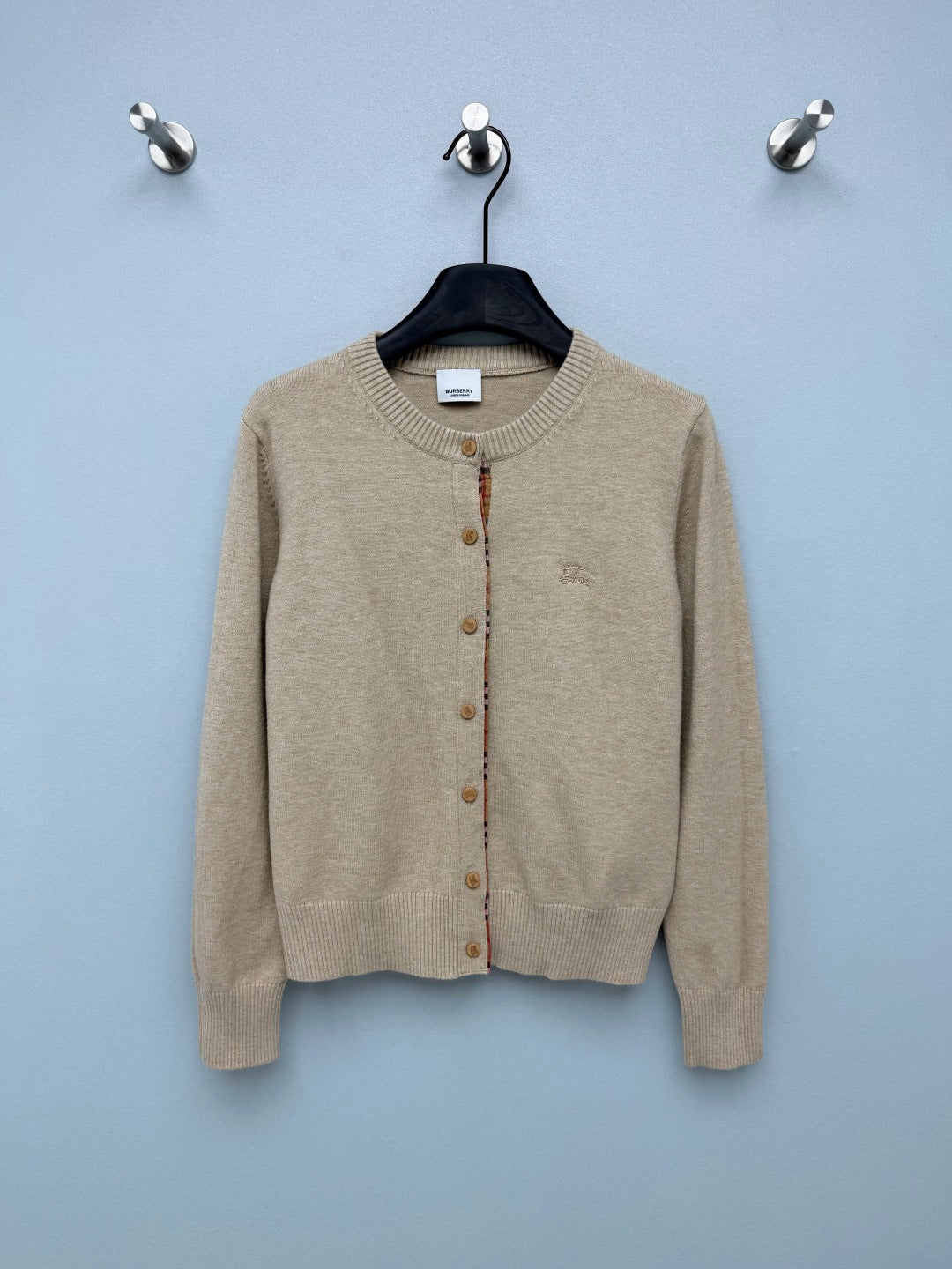 Burberry 26s Cardigan Sweater Beige Stripe Placket Knit 436079