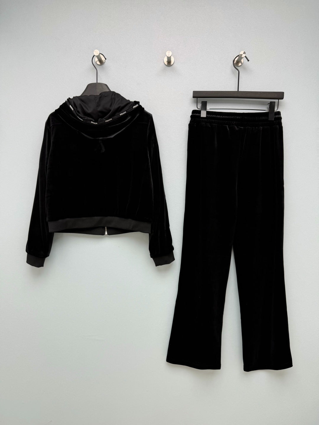 Prada 26s Hooded Jacket Wide Leg Pants Set Black Velvet 436068