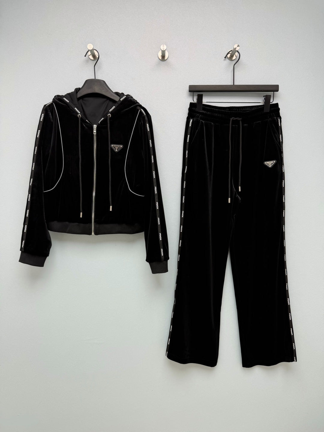 Prada 26s Hooded Jacket Wide Leg Pants Set Black Velvet 436068