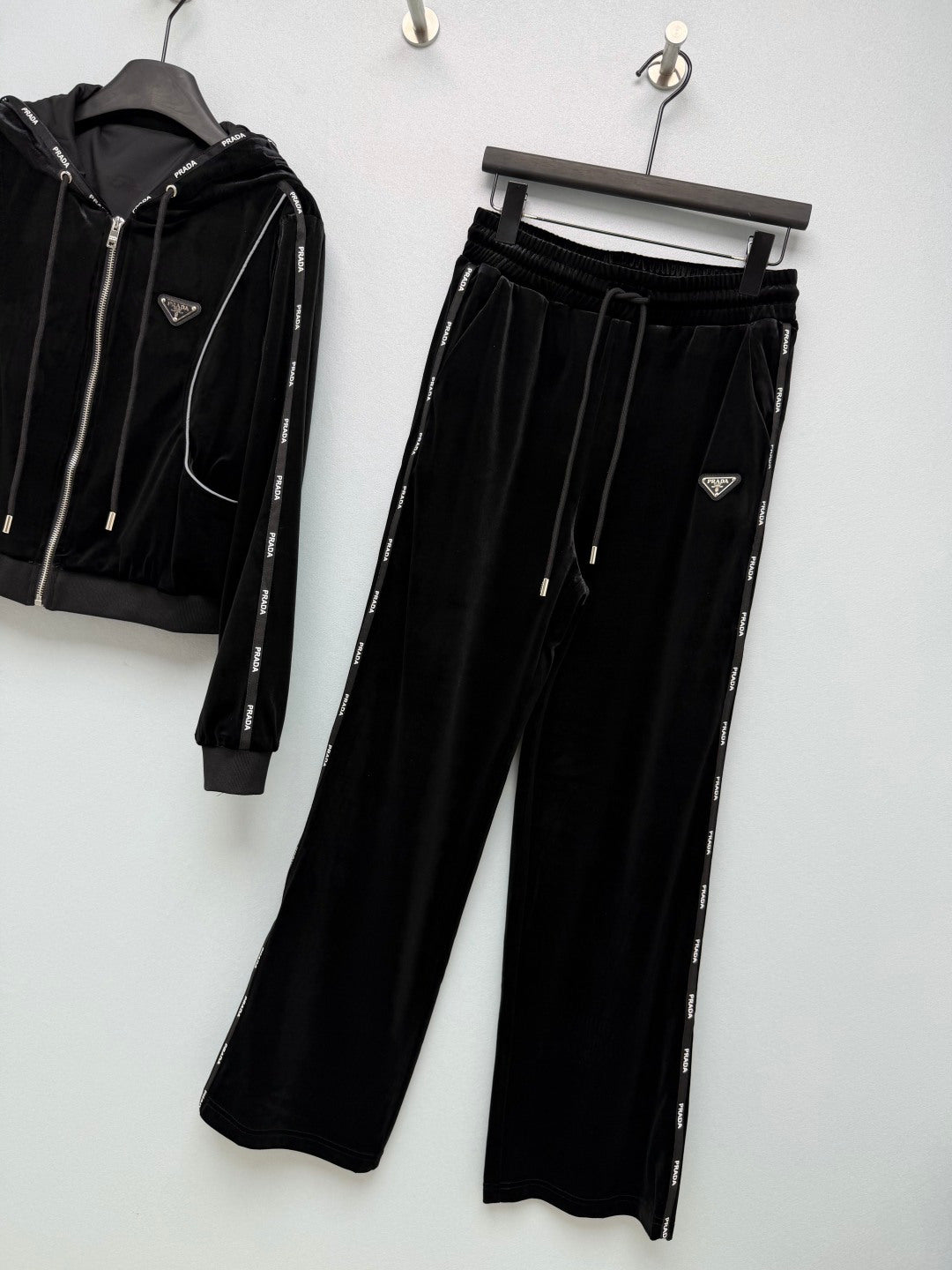Prada 26s Hooded Jacket Wide Leg Pants Set Black Velvet 436068