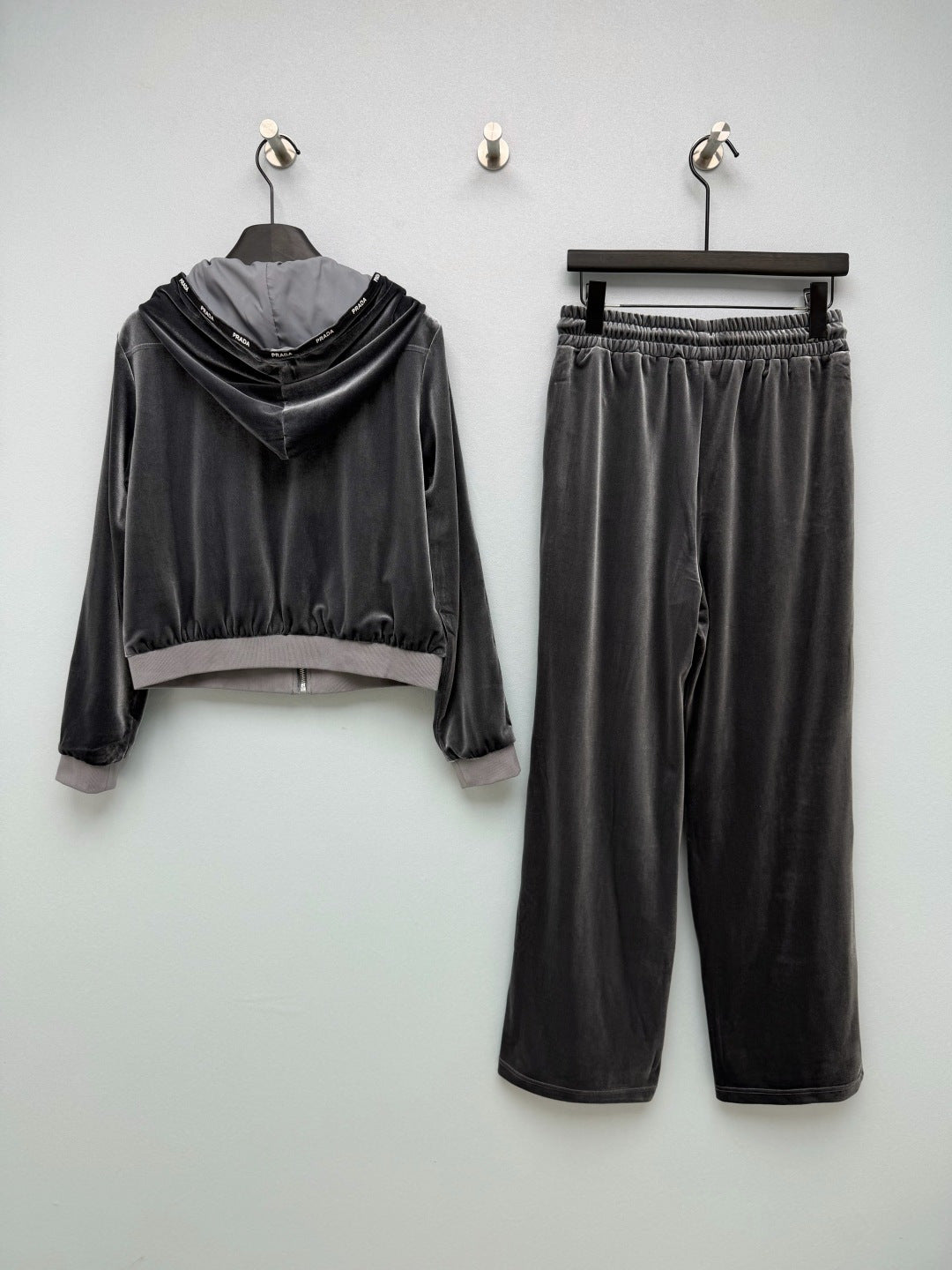 Prada 26s Hooded Jacket Wide Leg Pants Set Grey Velvet 436070