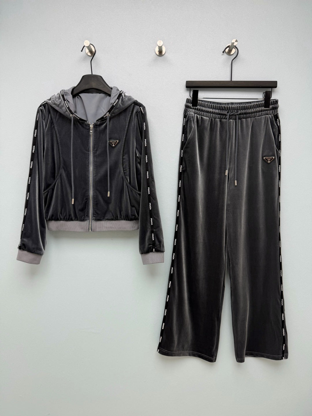 Prada 26s Hooded Jacket Wide Leg Pants Set Grey Velvet 436070