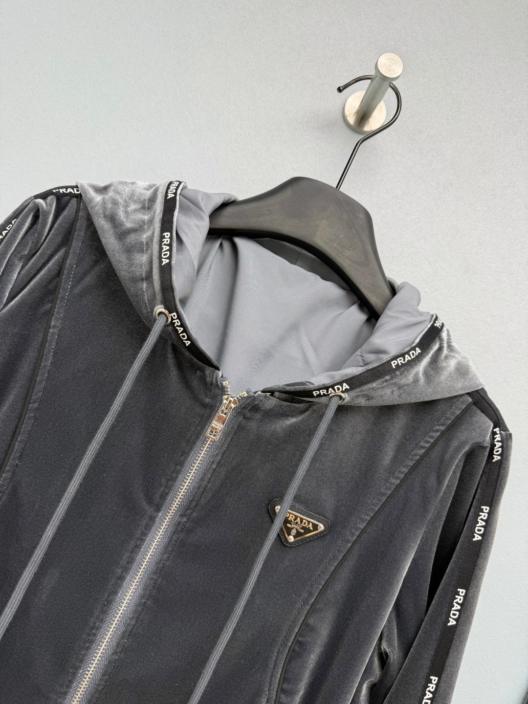 Prada 26s Hooded Jacket Wide Leg Pants Set Grey Velvet 436070