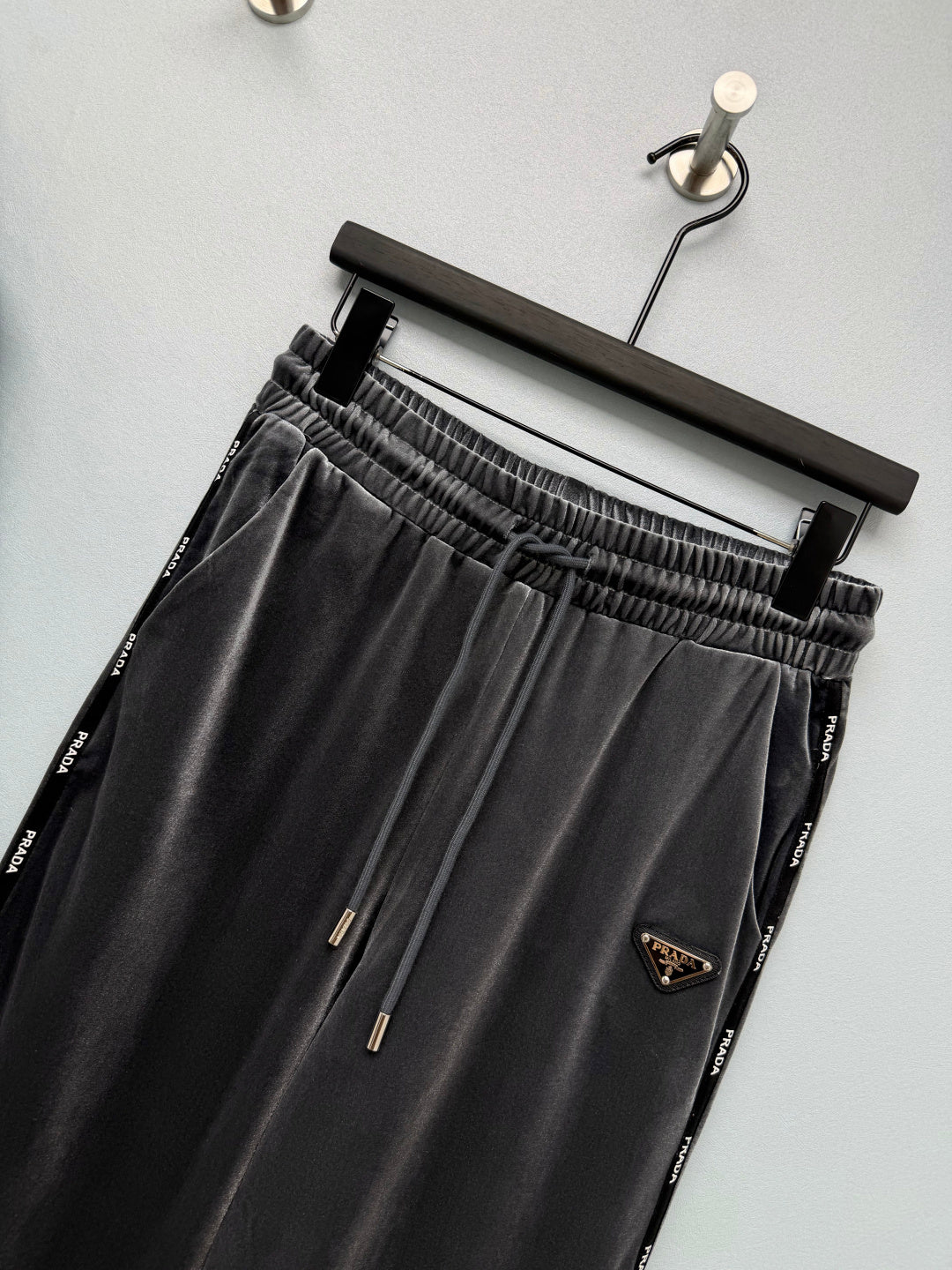 Prada 26s Hooded Jacket Wide Leg Pants Set Grey Velvet 436070