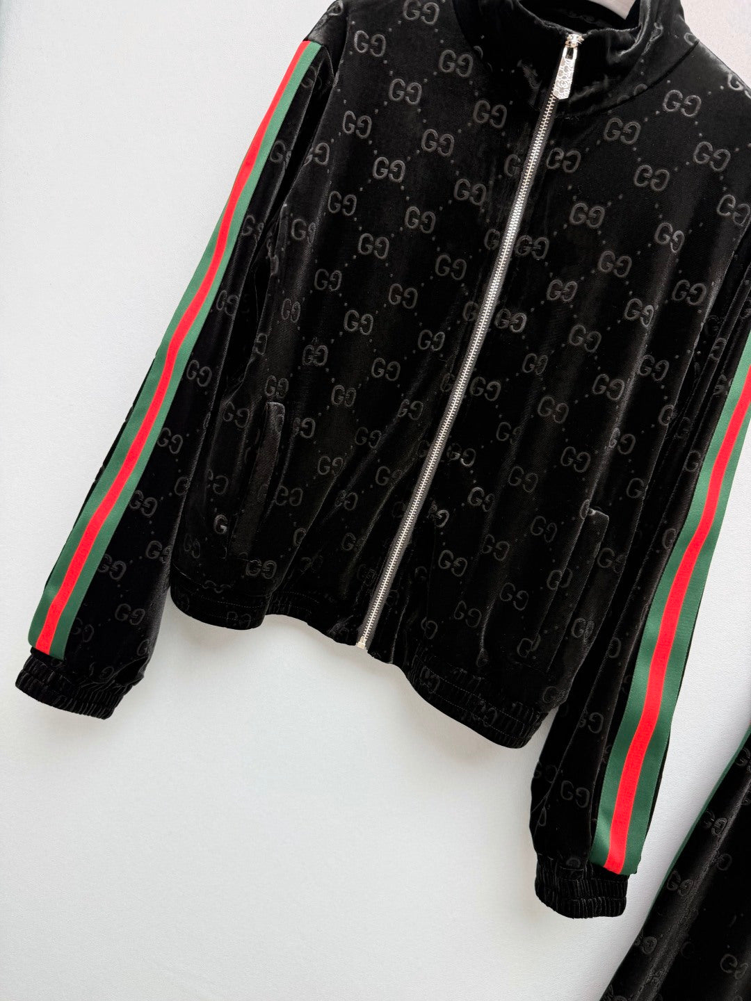 Gucci 26s GG Monogram Zip Jacket Wide Leg Pants Set Black Velvet 436064