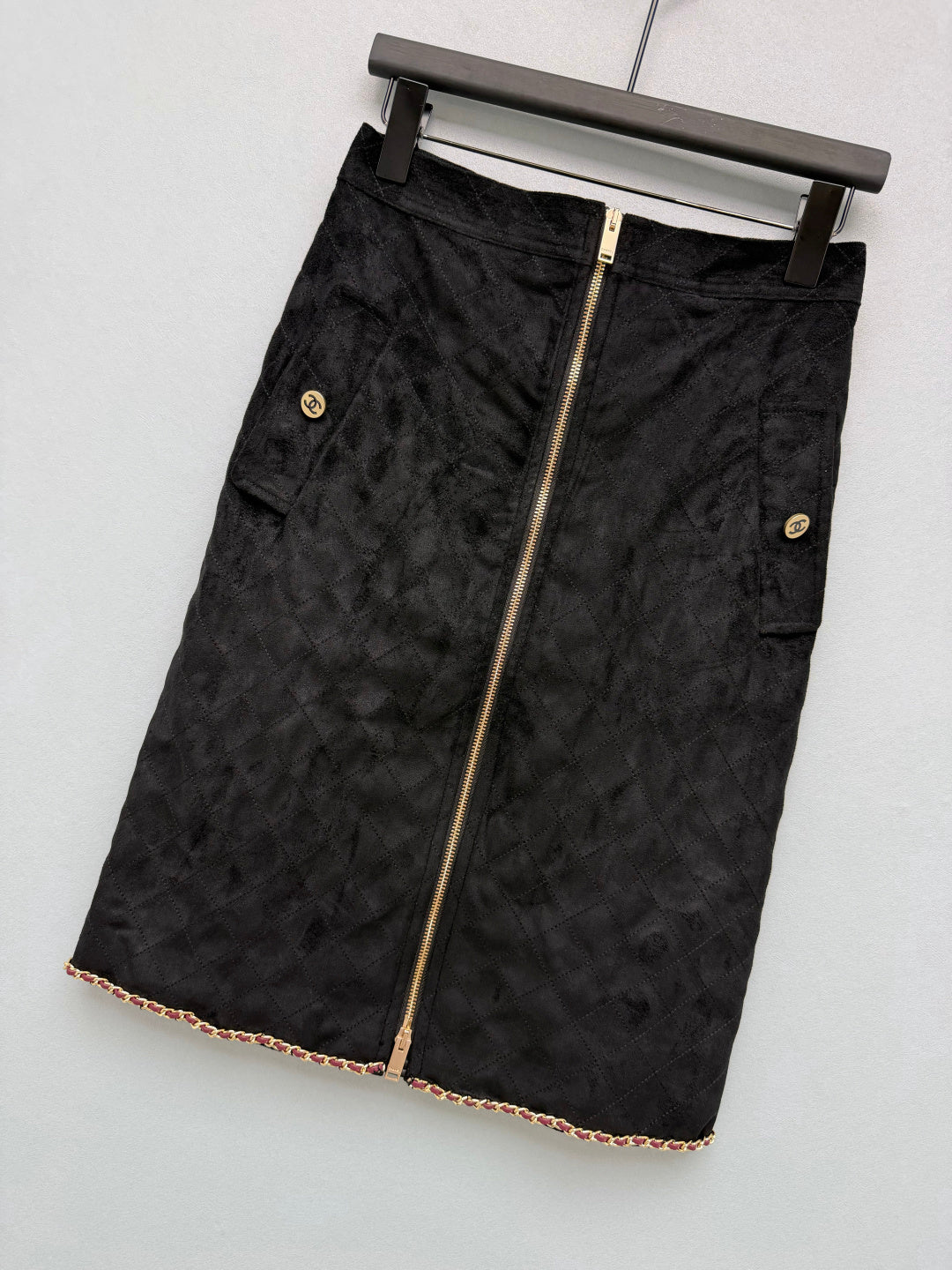Chanel 26s Front Zip Midi Skirt Black Velvet 436037