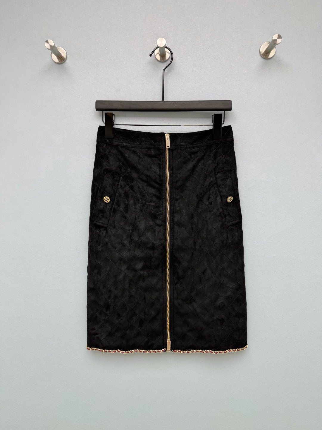 Chanel 26s Front Zip Midi Skirt Black Velvet 436037