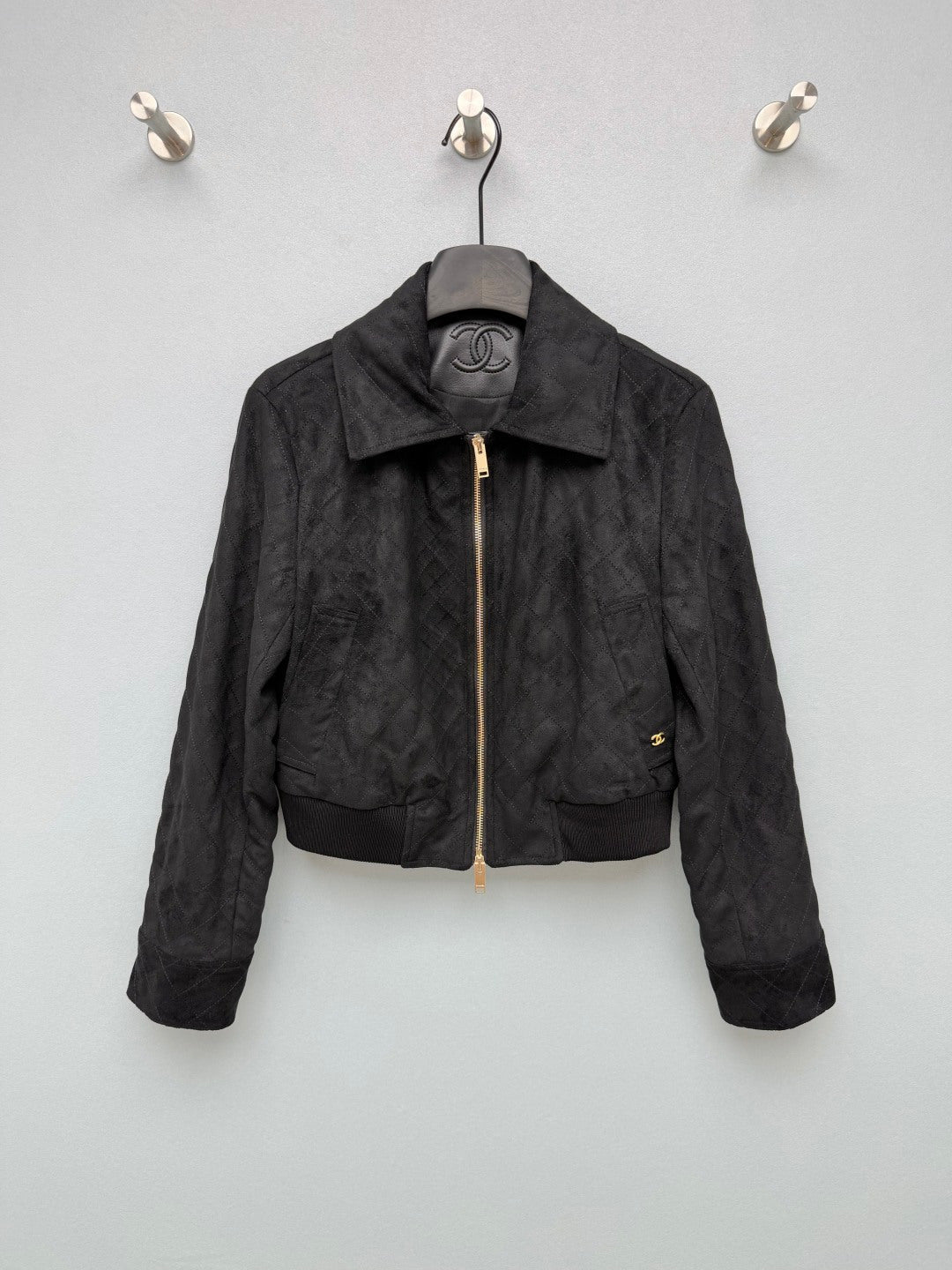Chanel 26s Collared Bomber Zip Jacket Black Velvet 436039