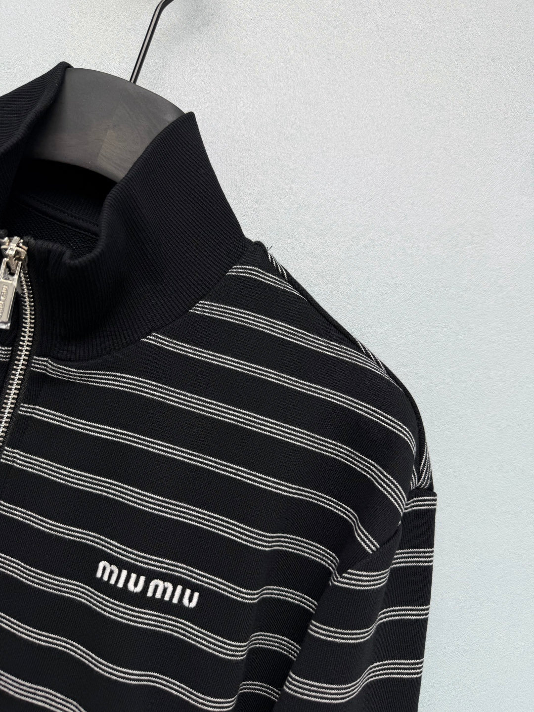 Miu Miu 26s Striped Zip Bomber Jacket Black Grey Knit 436026