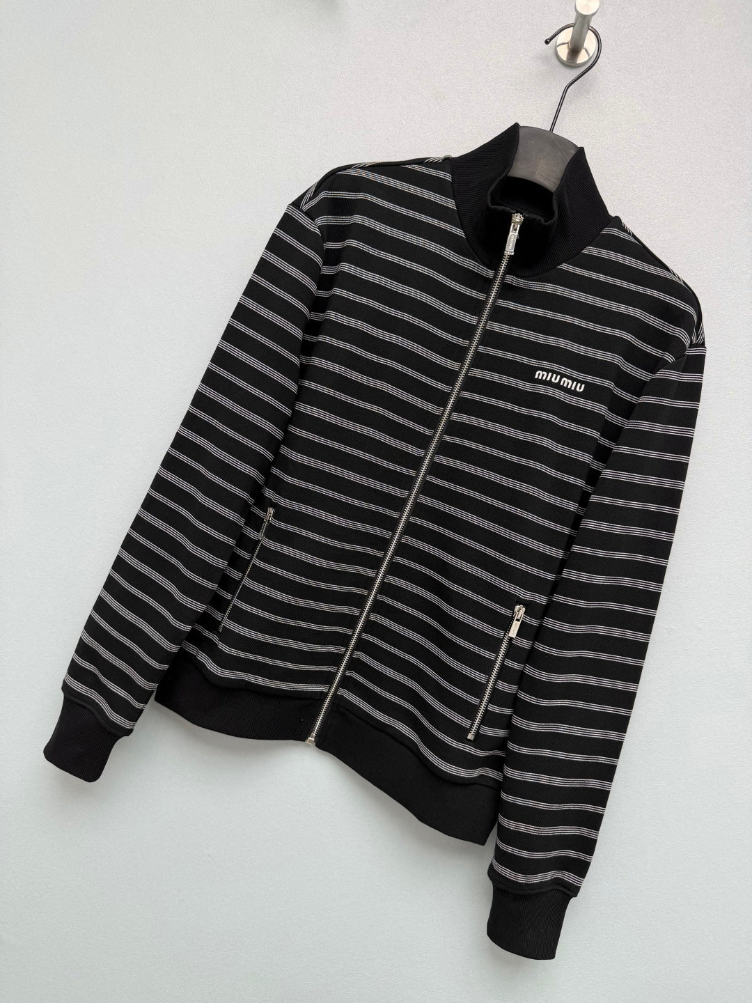 Miu Miu 26s Striped Zip Bomber Jacket Black Grey Knit 436026