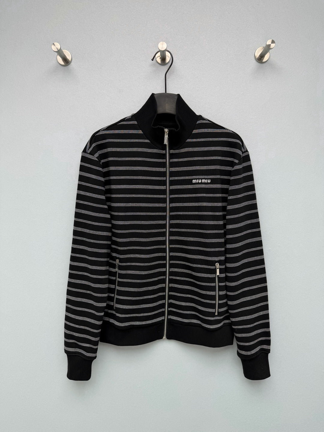 Miu Miu 26s Striped Zip Bomber Jacket Black Grey Knit 436026