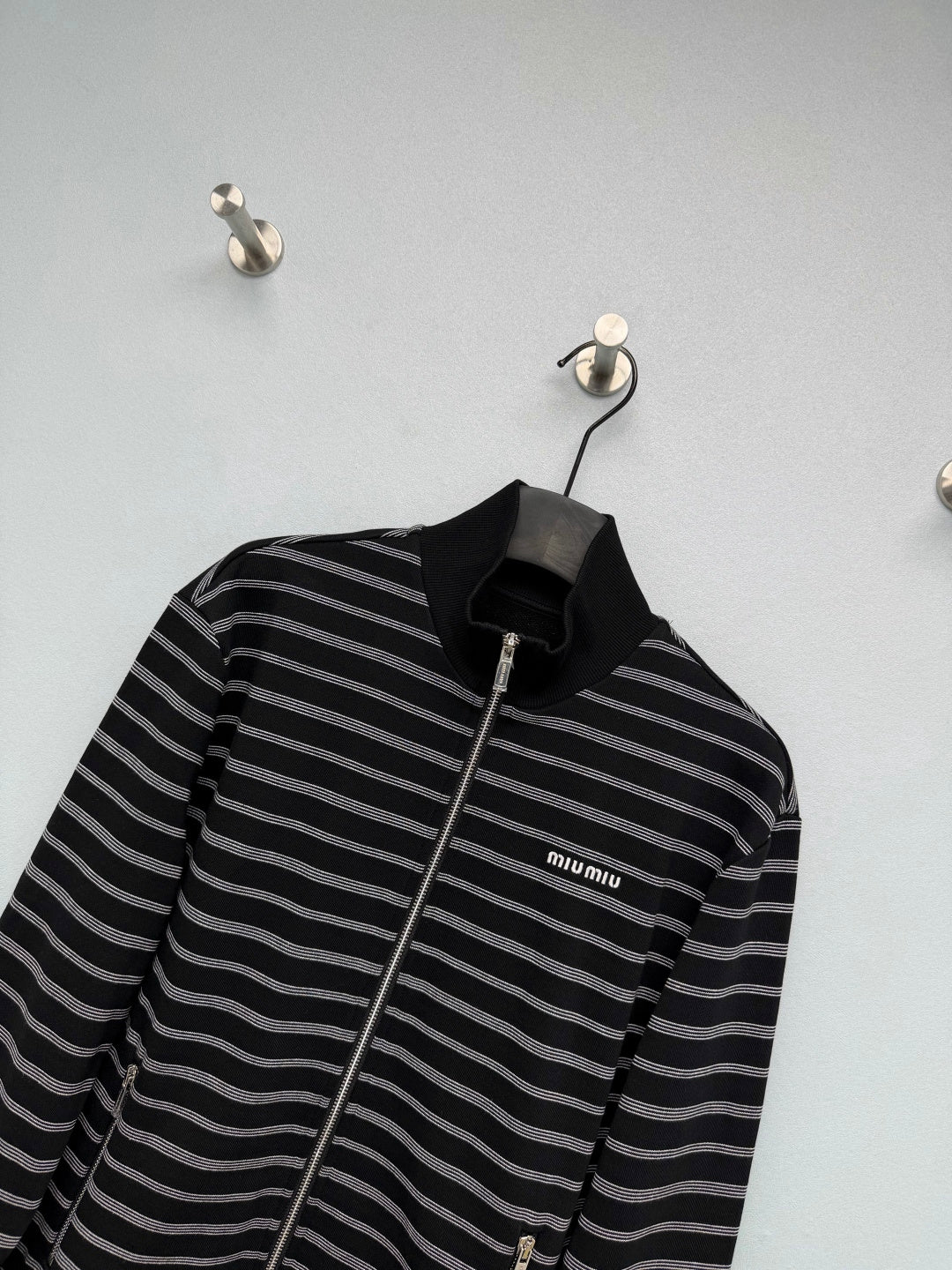 Miu Miu 26s Striped Zip Bomber Jacket Black Grey Knit 436026