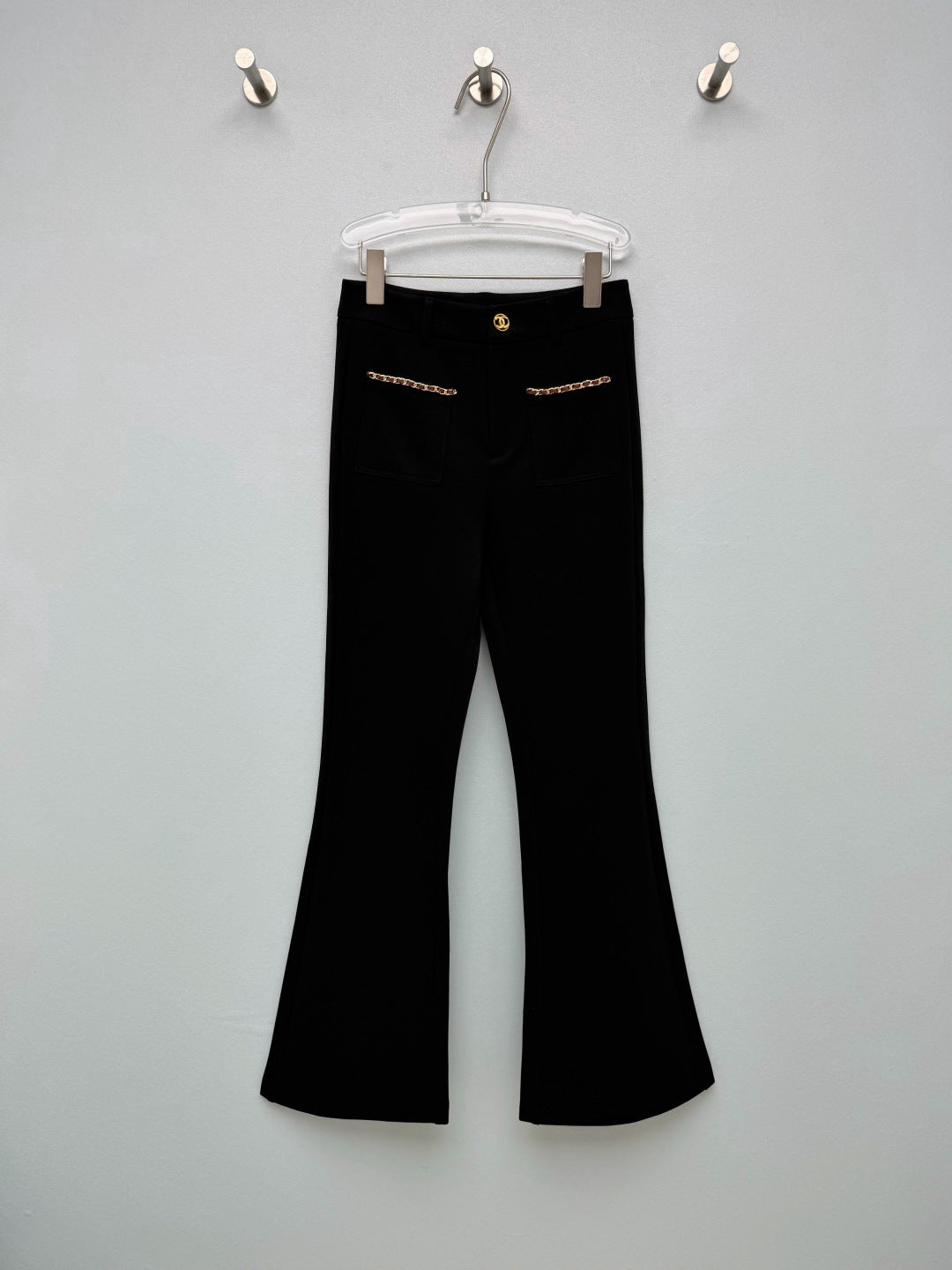 Chanel 26s Chain Trim Pocket Flared Pants Black Cotton 444907
