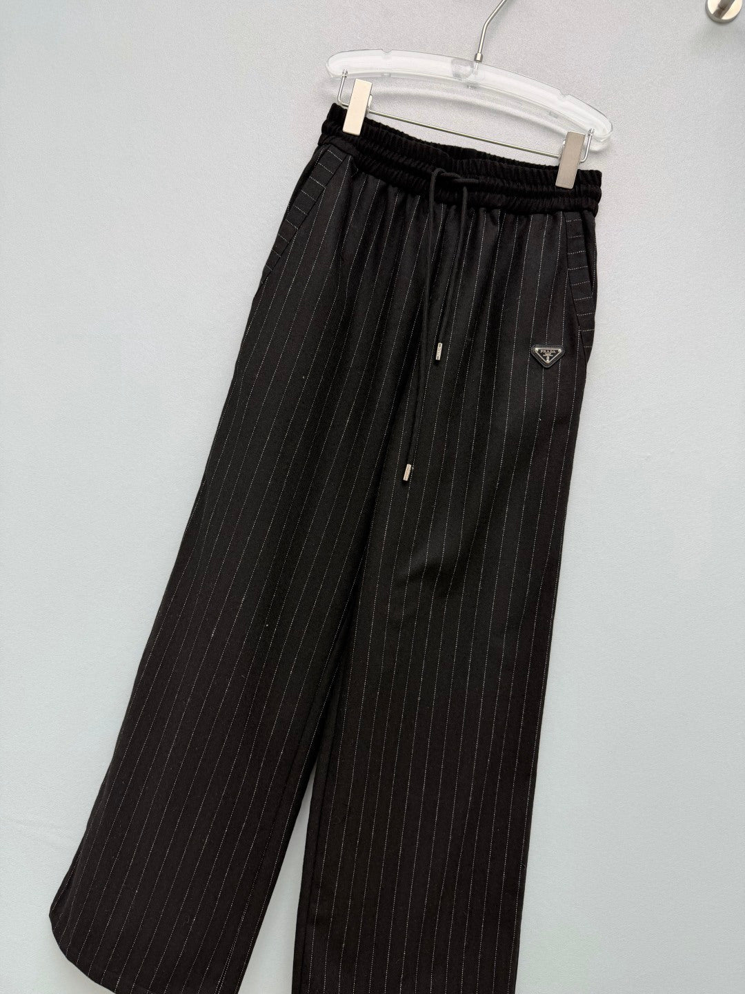 Prada 26s Pinstripe Drawstring Wide Leg Pants Black Grey 444974