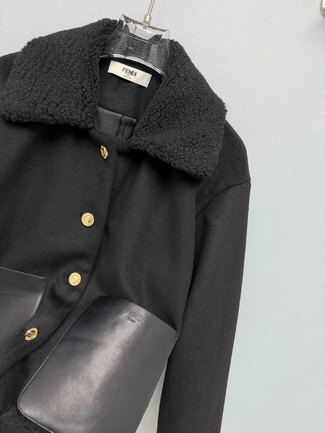 Fendi 26s Shearling Collar Denim Pocket Jacket Black Cotton 444872