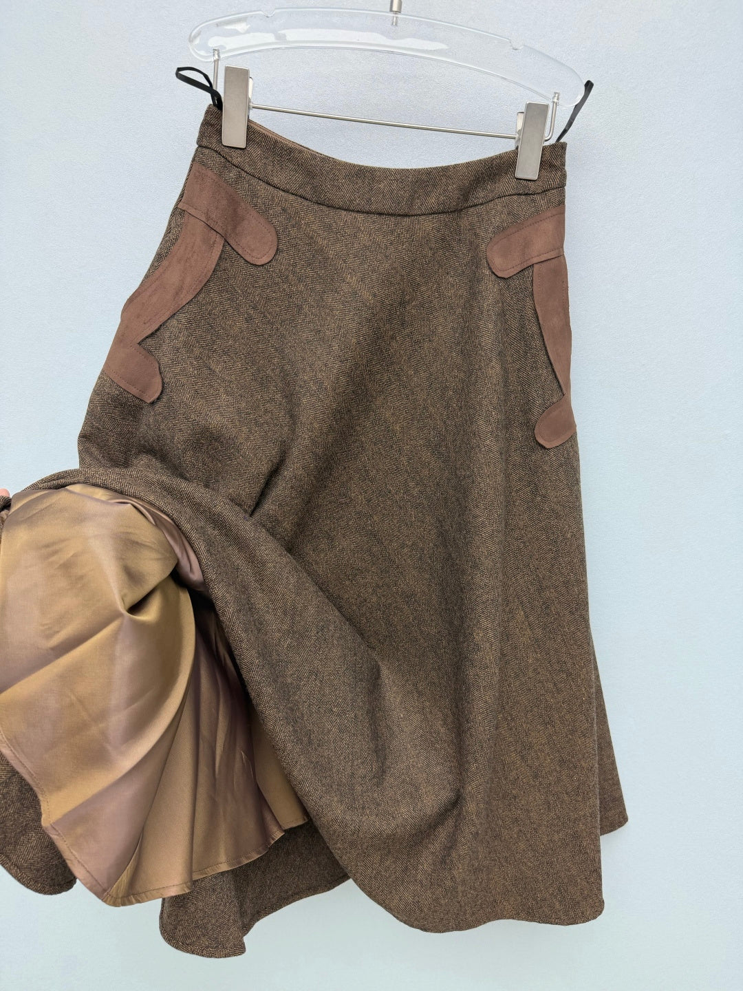 Chanel 26s Leather Pocket Trim A-Line Skirt Brown Wool Blend 444643