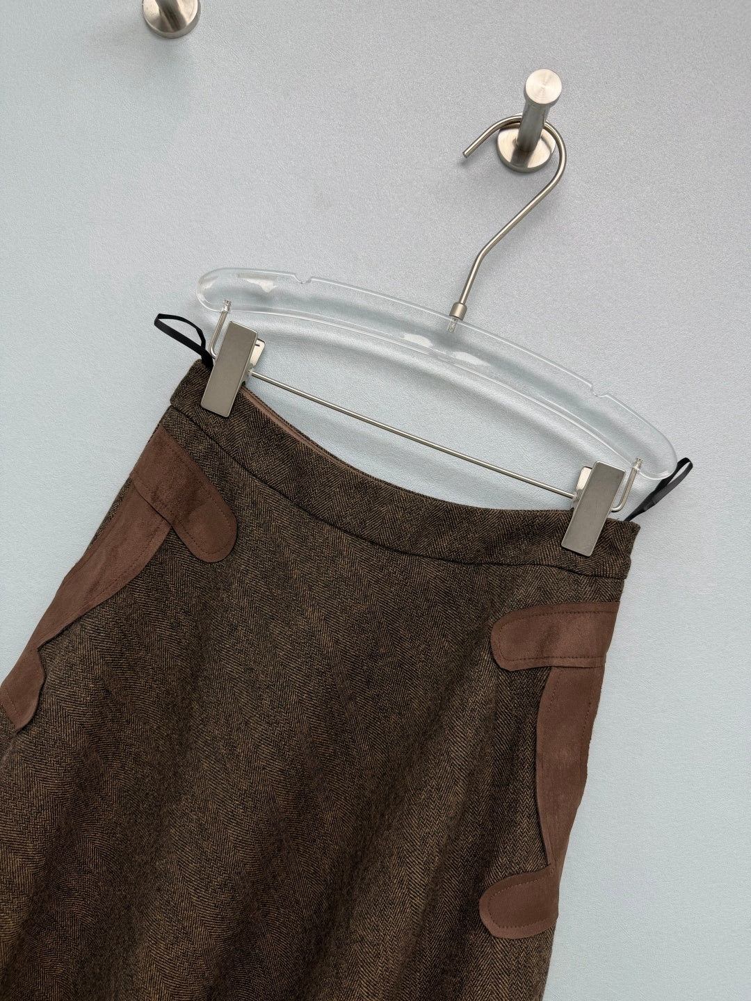 Chanel 26s Leather Pocket Trim A-Line Skirt Brown Wool Blend 444643