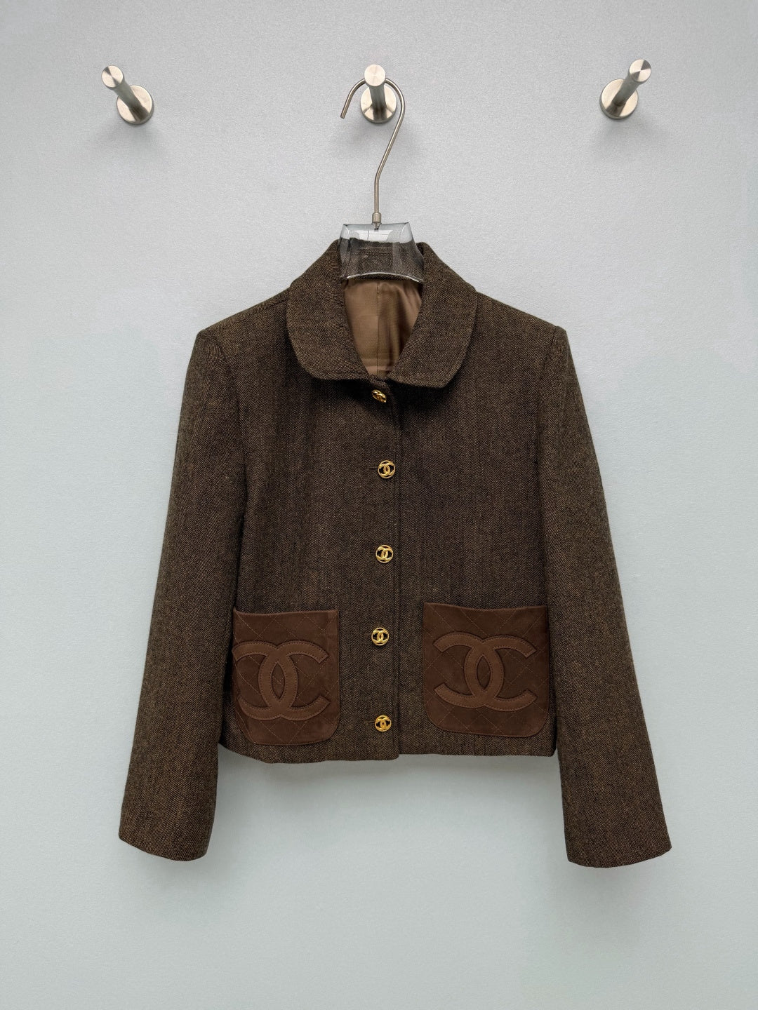 Chanel 26s CC Suede Pocket Cropped Jacket Brown Wool Blend 444614