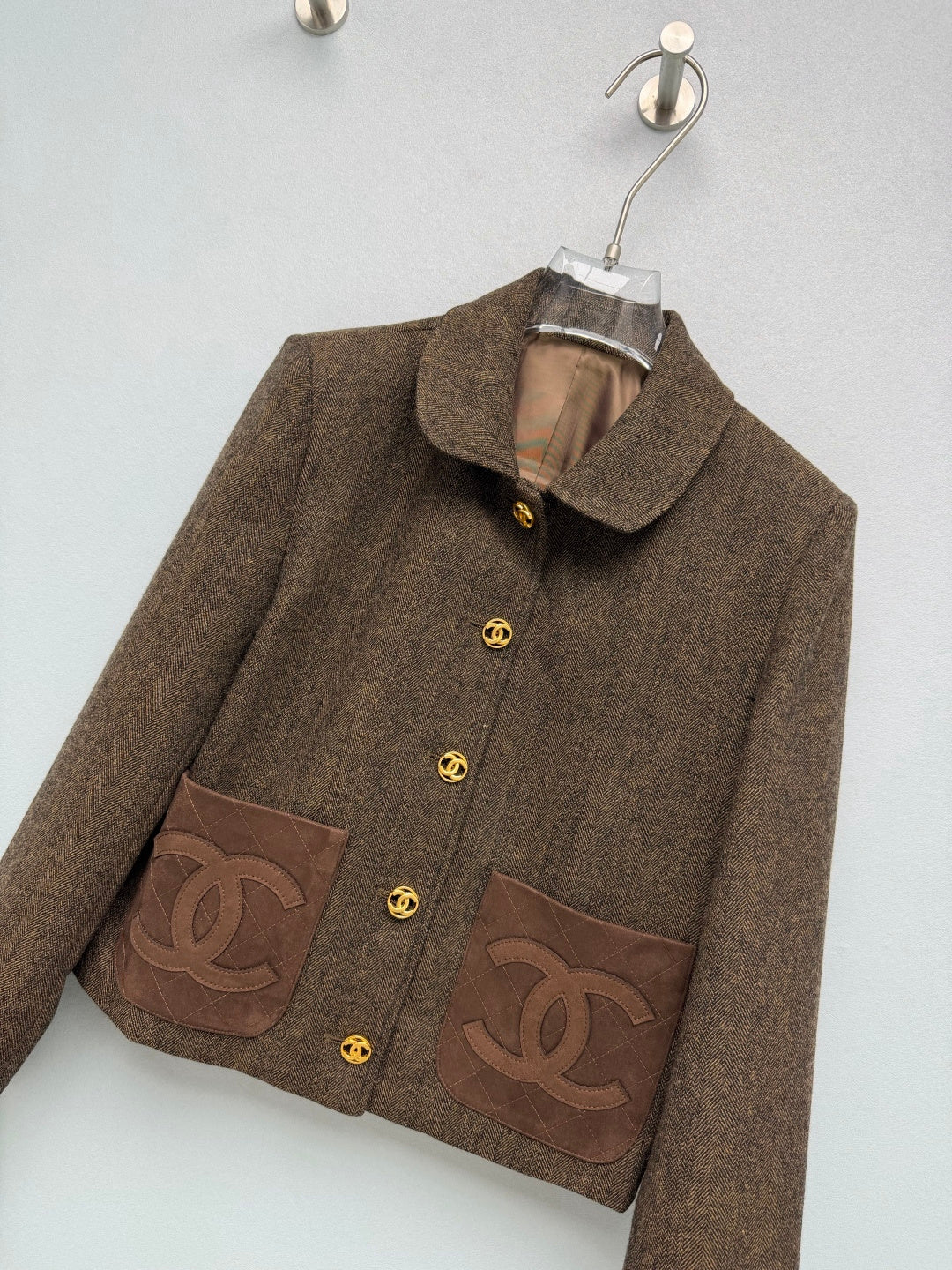 Chanel 26s CC Suede Pocket Cropped Jacket Brown Wool Blend 444614