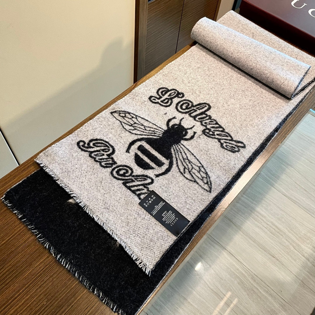 GG Double G Jacquard Scarf 180CM Black Gray Wool 283098