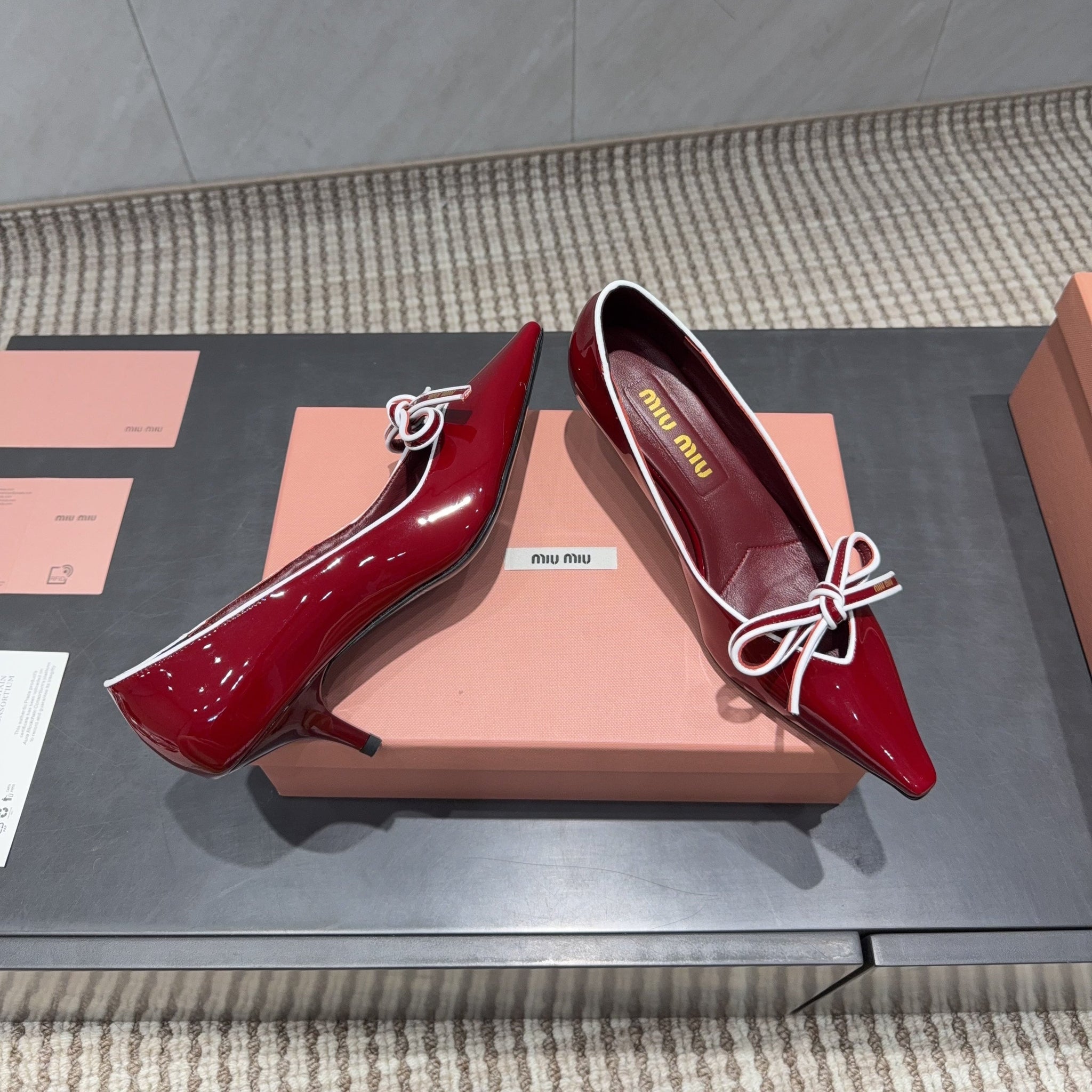 Miu 26s Pointed Toe Pumps 55mm In Dark Red Calfskin With Bow