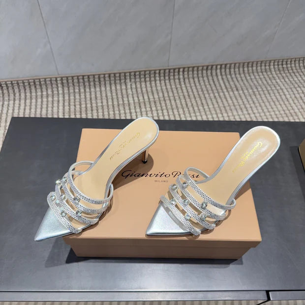 Gianvito Rossi 26SS High Heeled Sandals 100 Metallic Silver Beige Sheepskin 613828