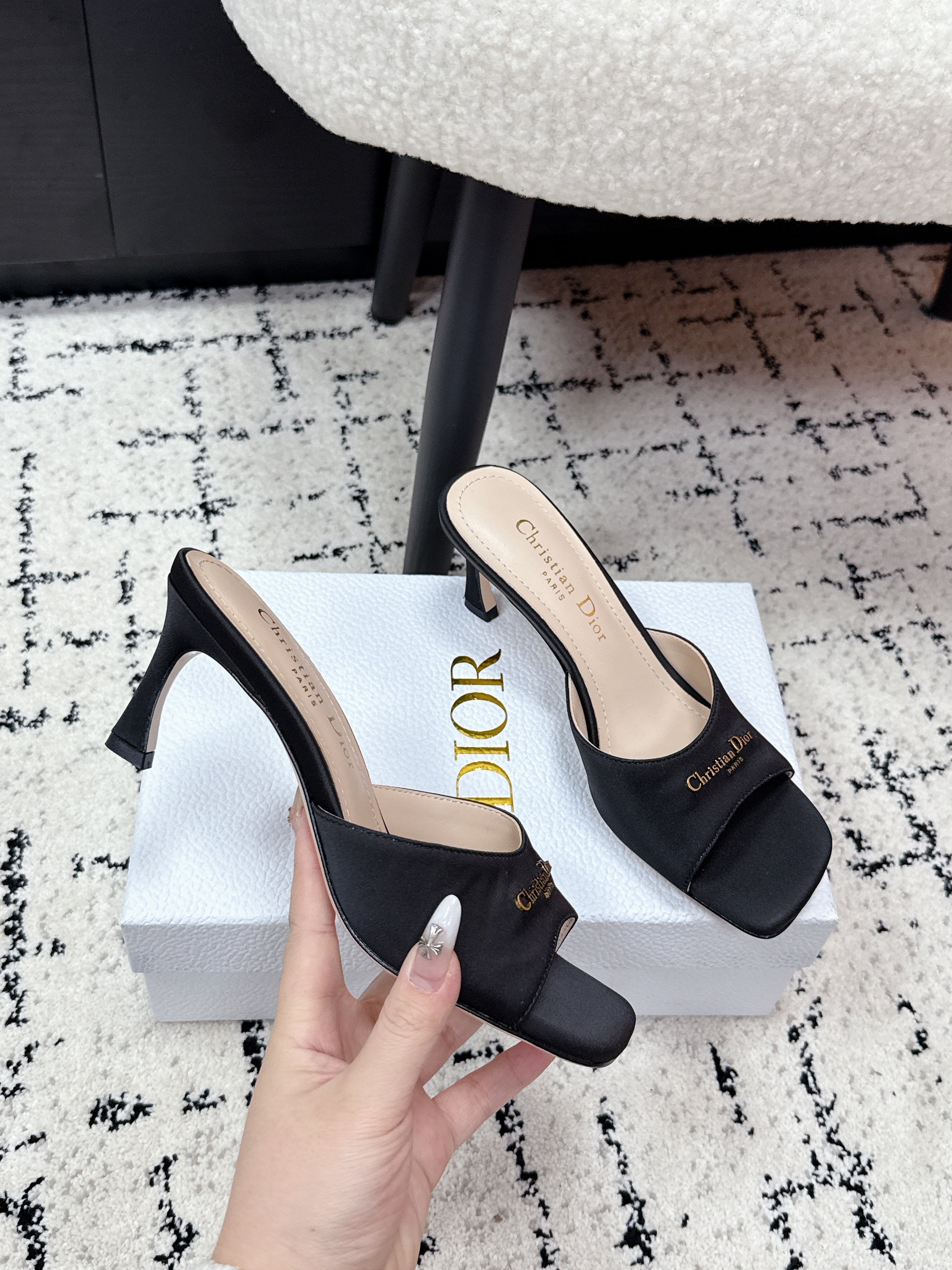 CD Square-Toed Sandal Black Satin 617518