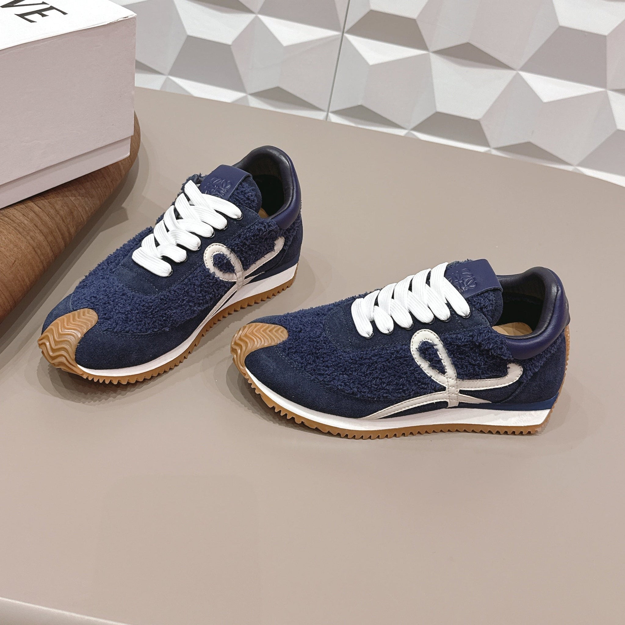 Loewe 26s Flow Runner Sneaker In Navy Blue Suede And Teddy Fabric And Calfskin