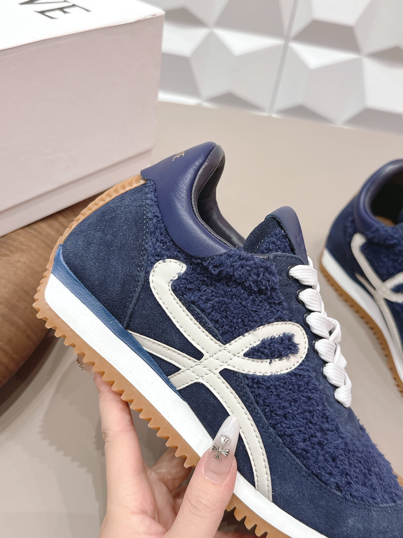 Loewe 26s Flow Runner Sneaker In Navy Blue Suede And Teddy Fabric And Calfskin