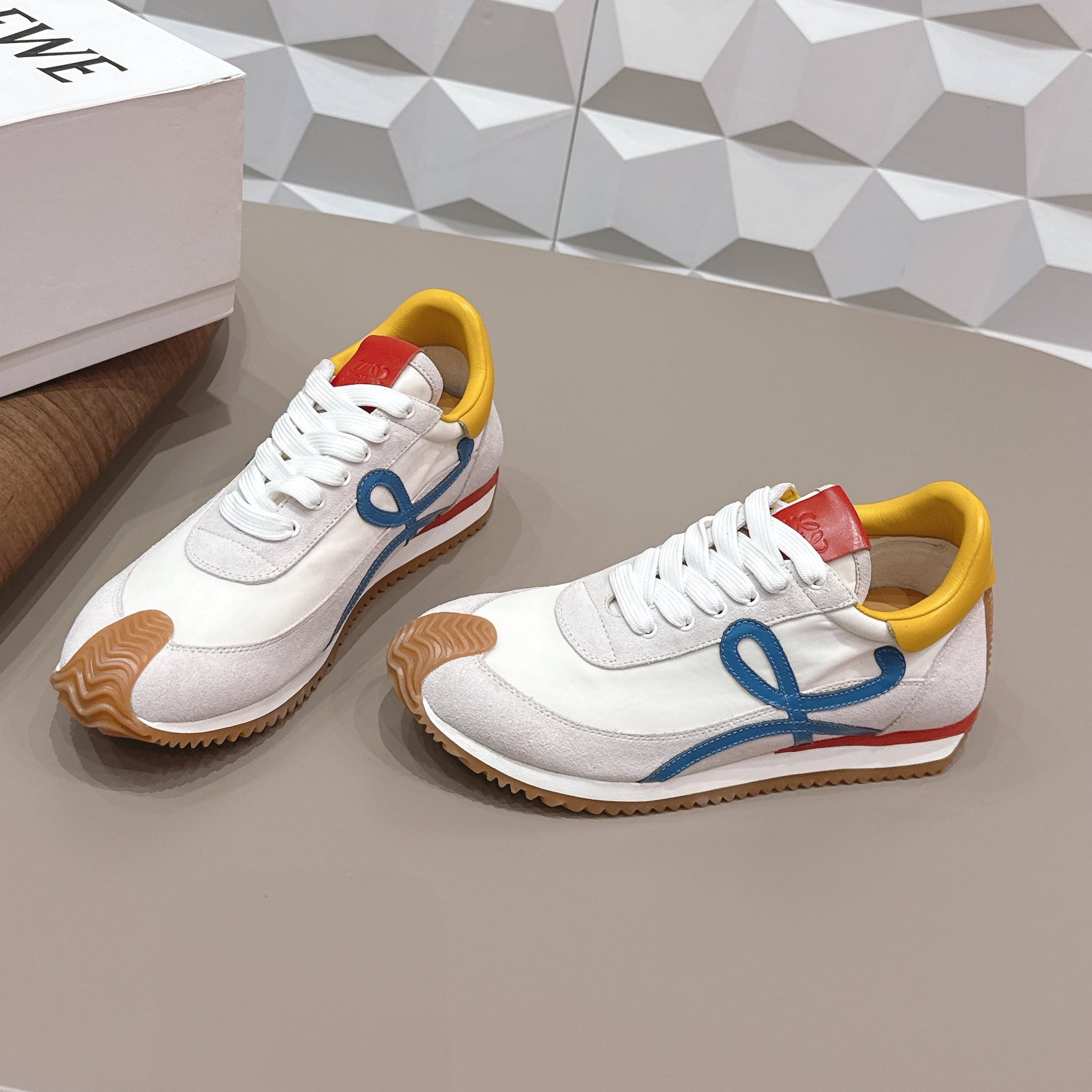 Loewe 26s Flow Runner Sneaker In Light Gray Suede Yellow And Blue Calfskin