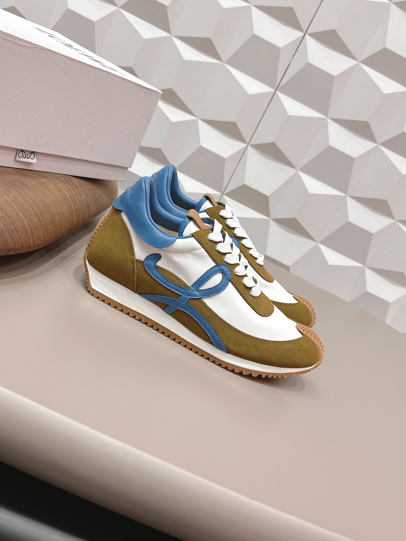 Loewe 26s Flow Runner Sneaker In Olive Brown And White Suede And Blue Calfskin