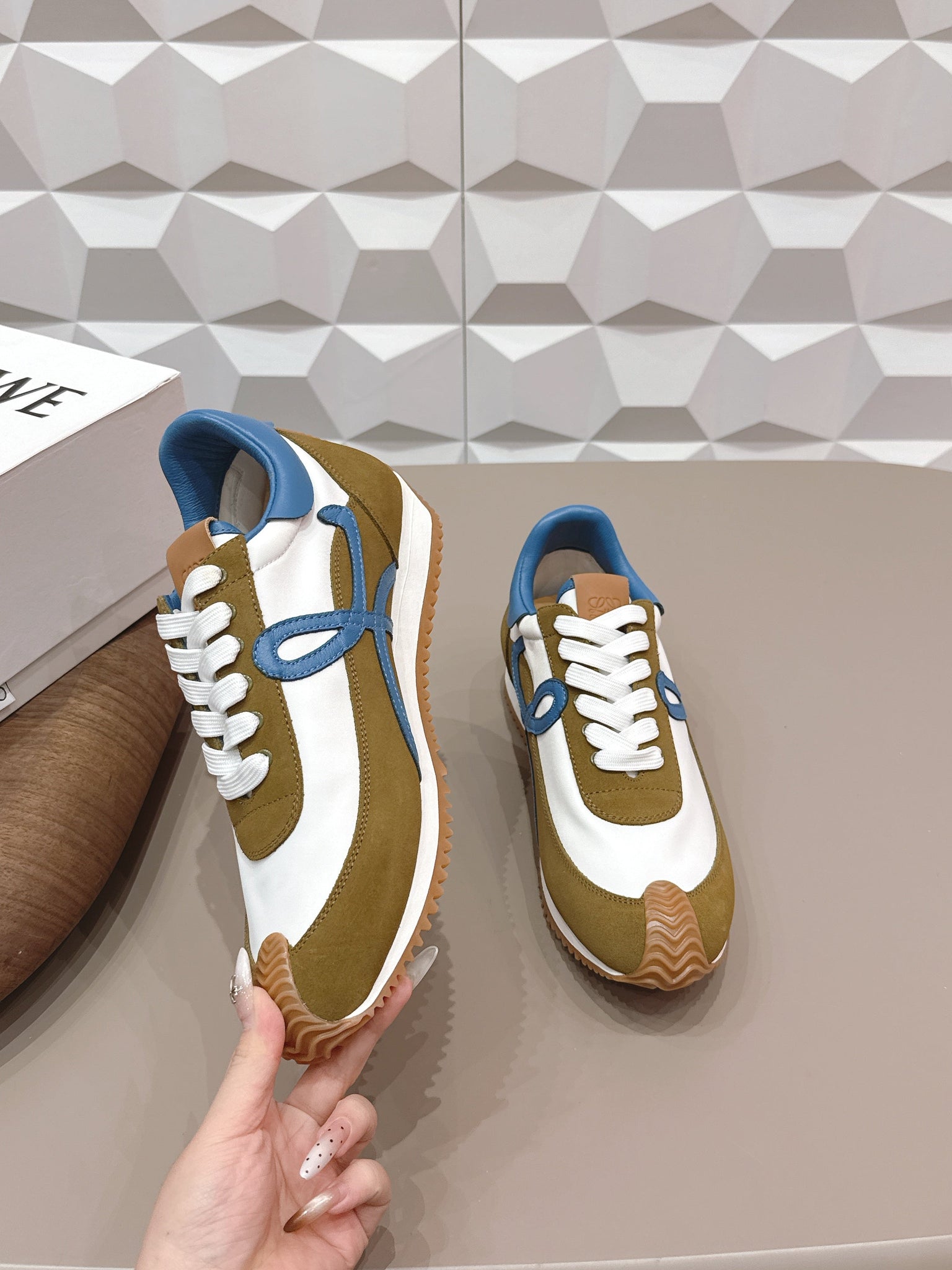 Loewe 26s Flow Runner Sneaker In Olive Brown And White Suede And Blue Calfskin