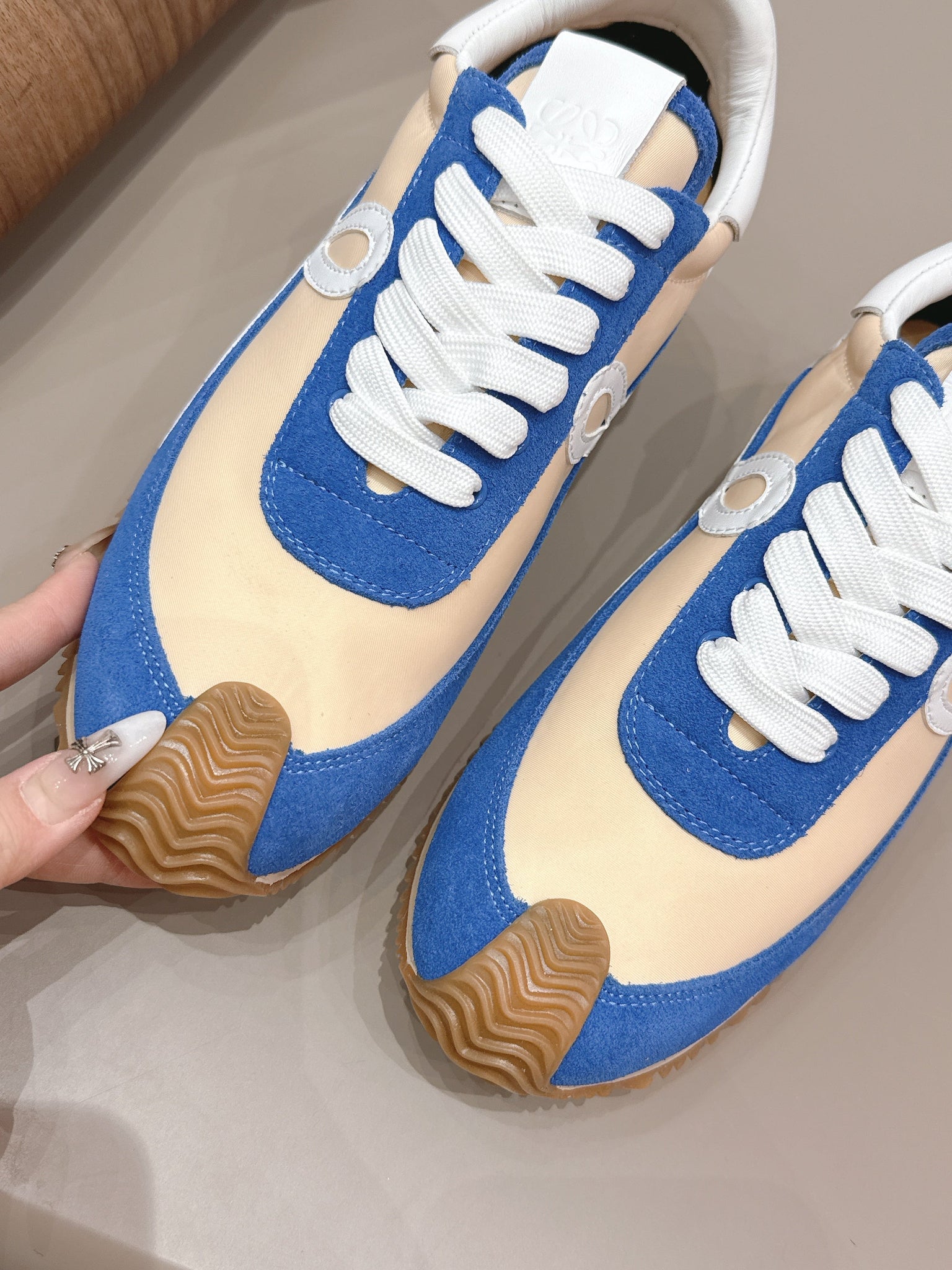 Loewe 26s Flow Runner Sneaker In Blue And Nude Suede And White Calfskin