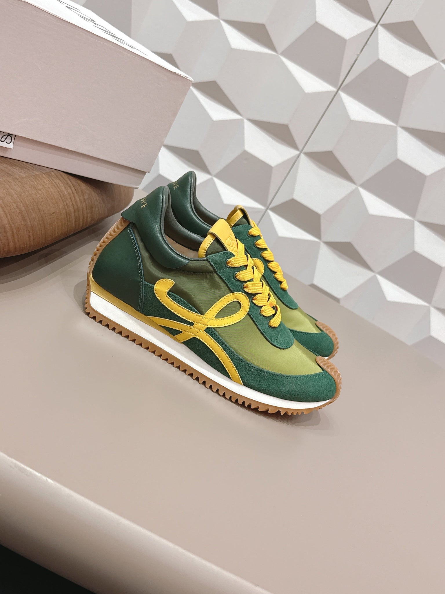 Loewe 26s Flow Runner Sneaker In Green And Yellow Suede And Calfskin
