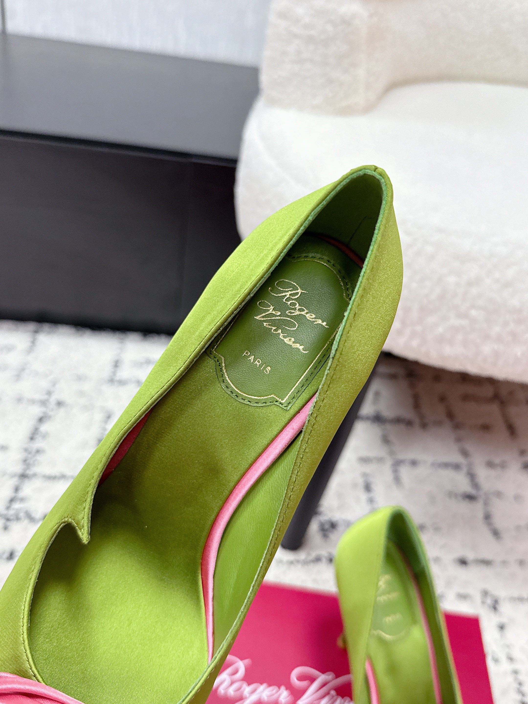 RV Rose Vivier Flower Pumps 10cm Pink Green Satin 617295