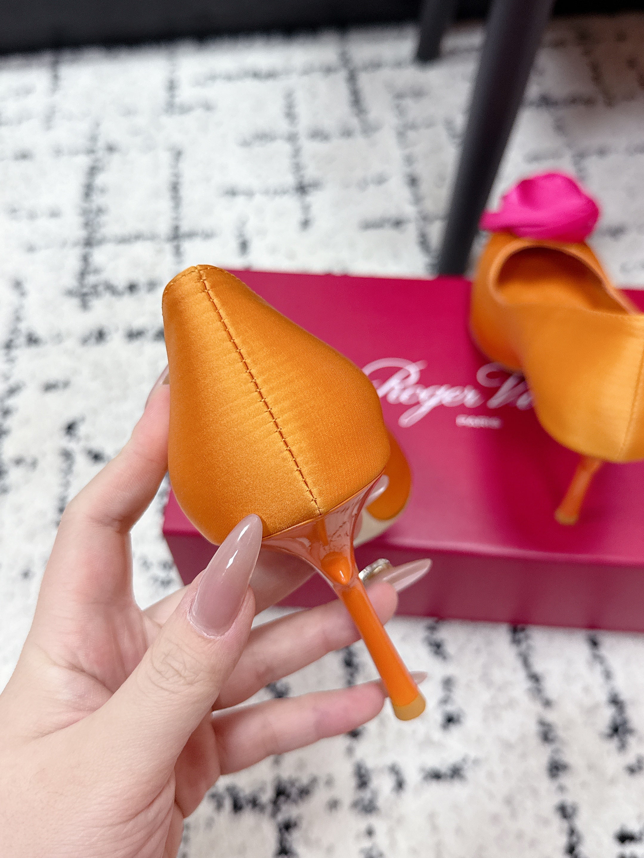 RV Rose Vivier Flower Pumps 10cm Pink Orange Satin 617297