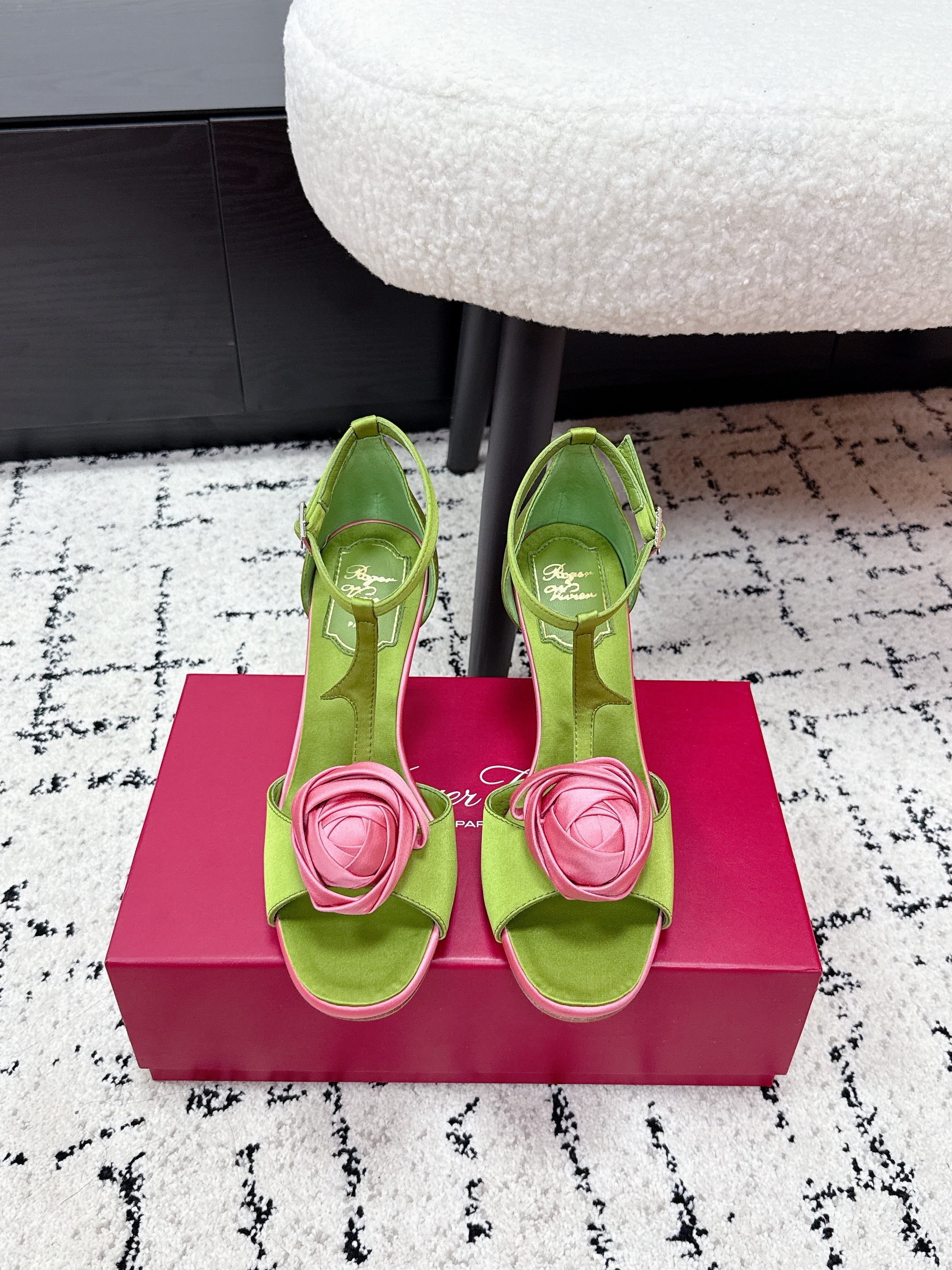 RV Rose Vivier Flower Sandal 10cm Pink Green Satin 617302