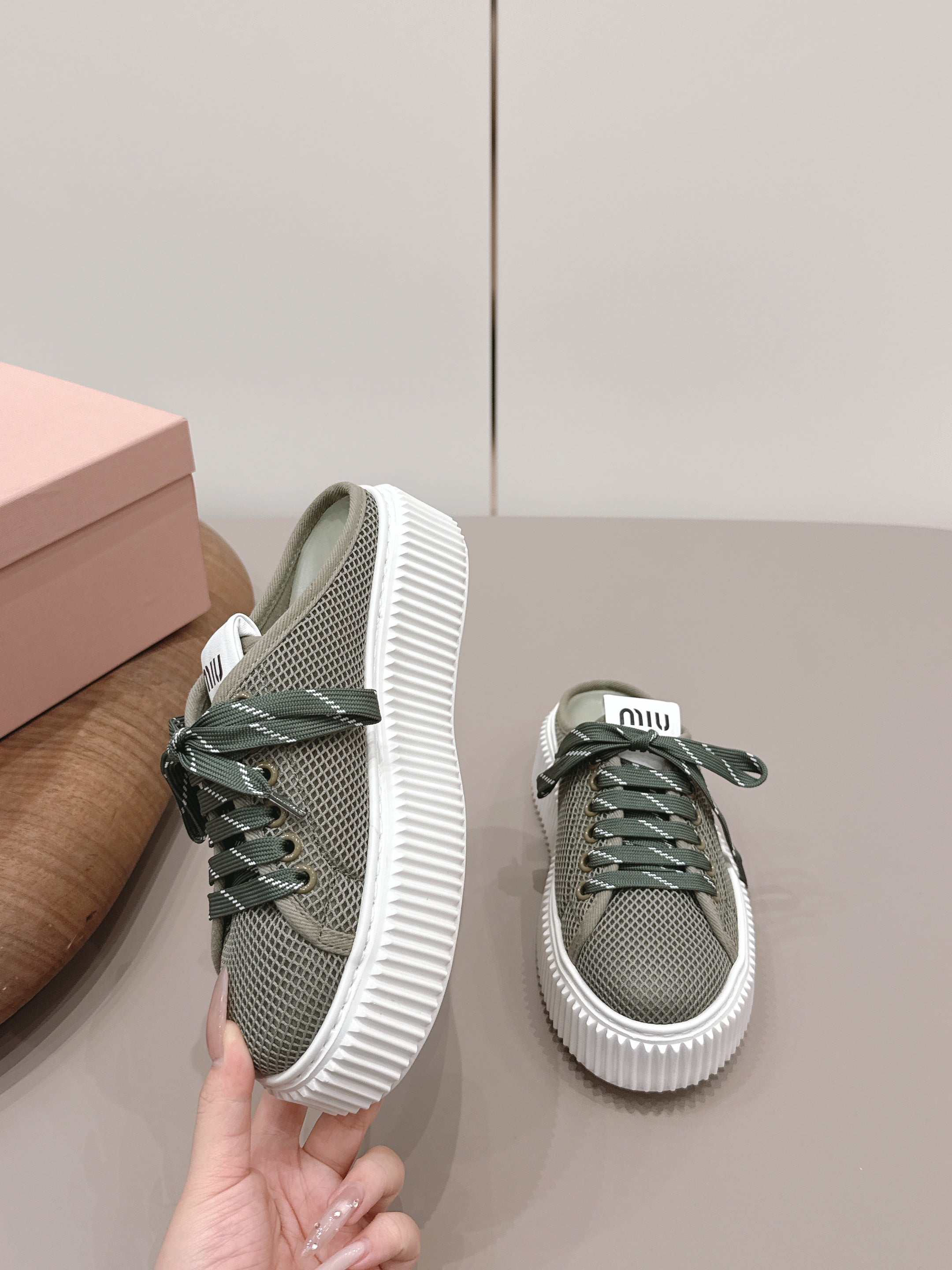 Miu Flatform Sneaker Mules Olive Mesh 738381