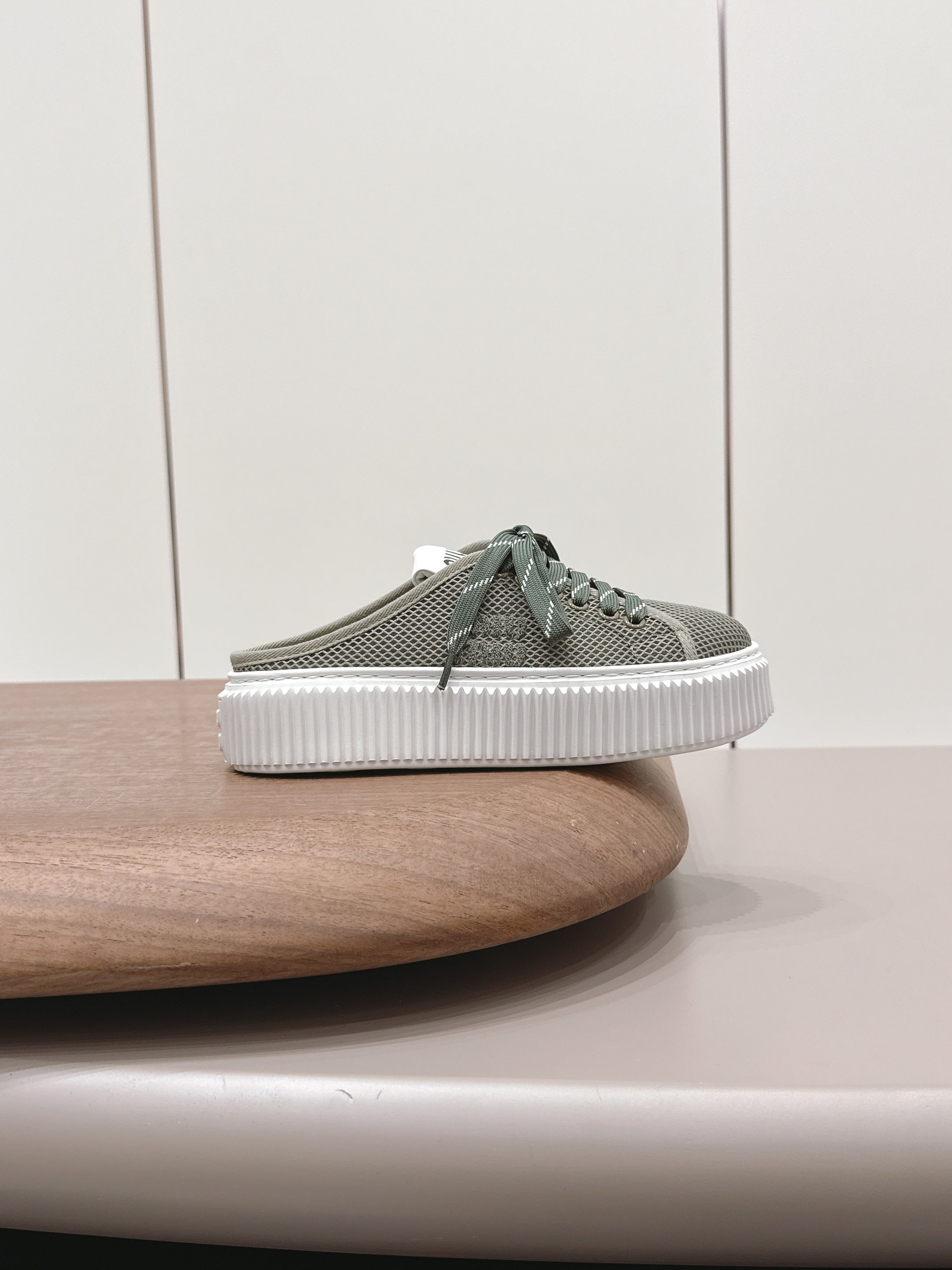 Miu Flatform Sneaker Mules Olive Mesh 738381